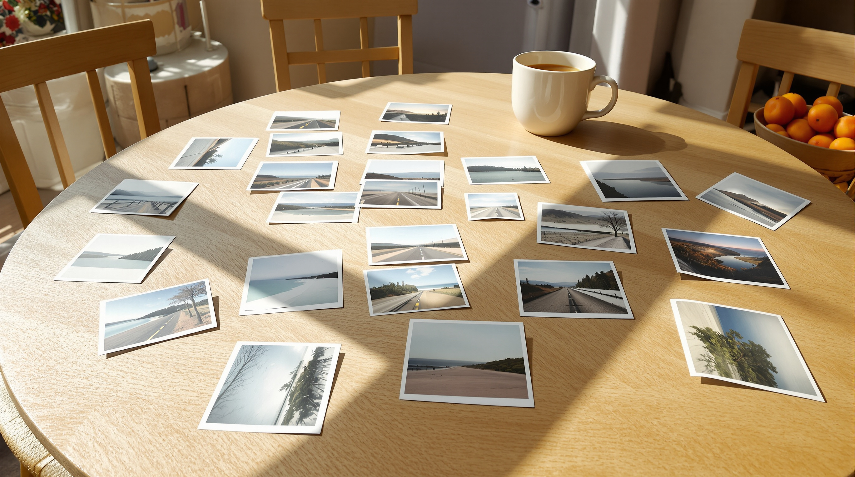 Landscape photographic prints spread across a sunlit round kitchen table beside a mug of tea