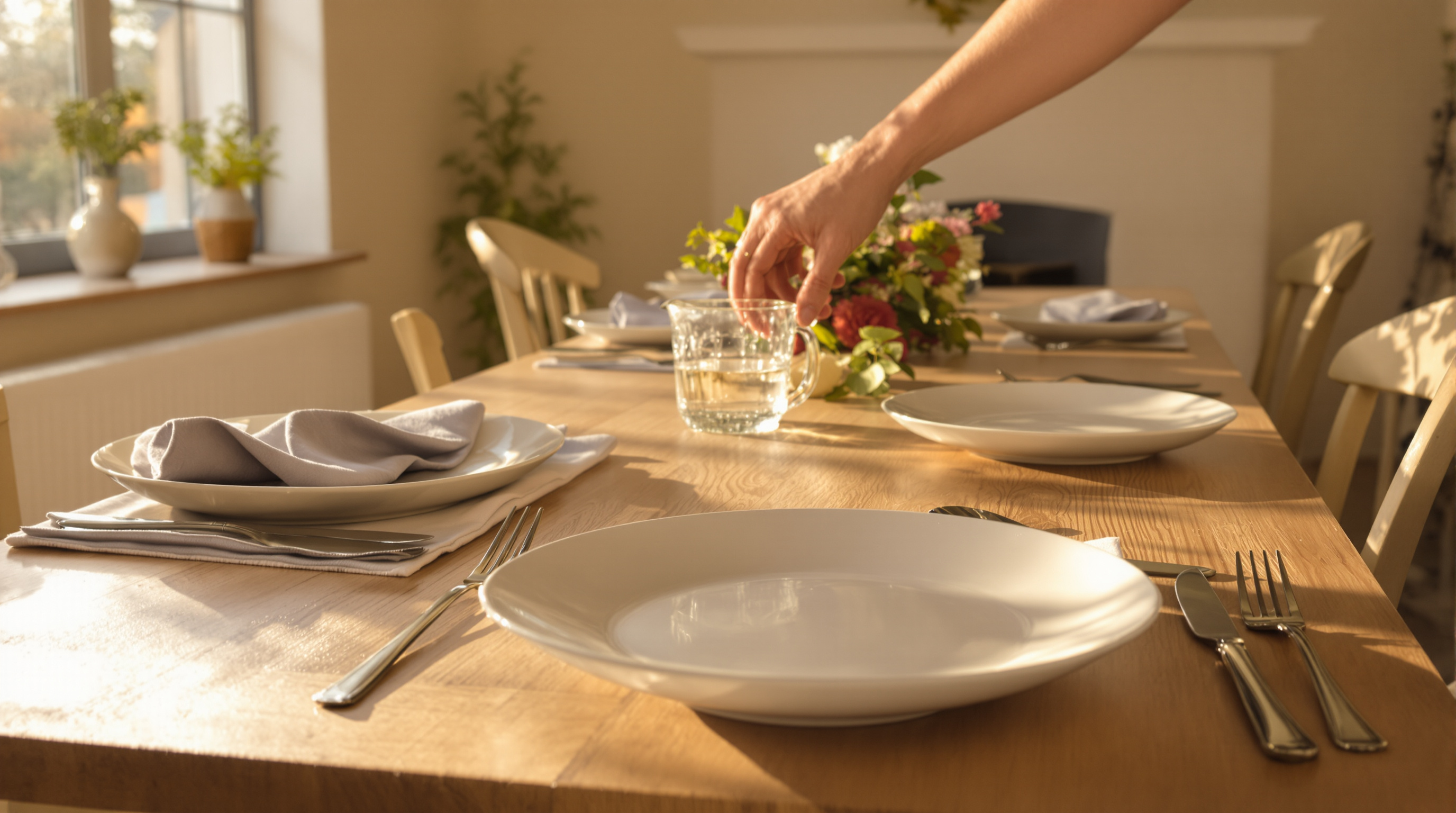 A long oak table laid for lunch in golden-hour light, one hand setting down another place at the near end