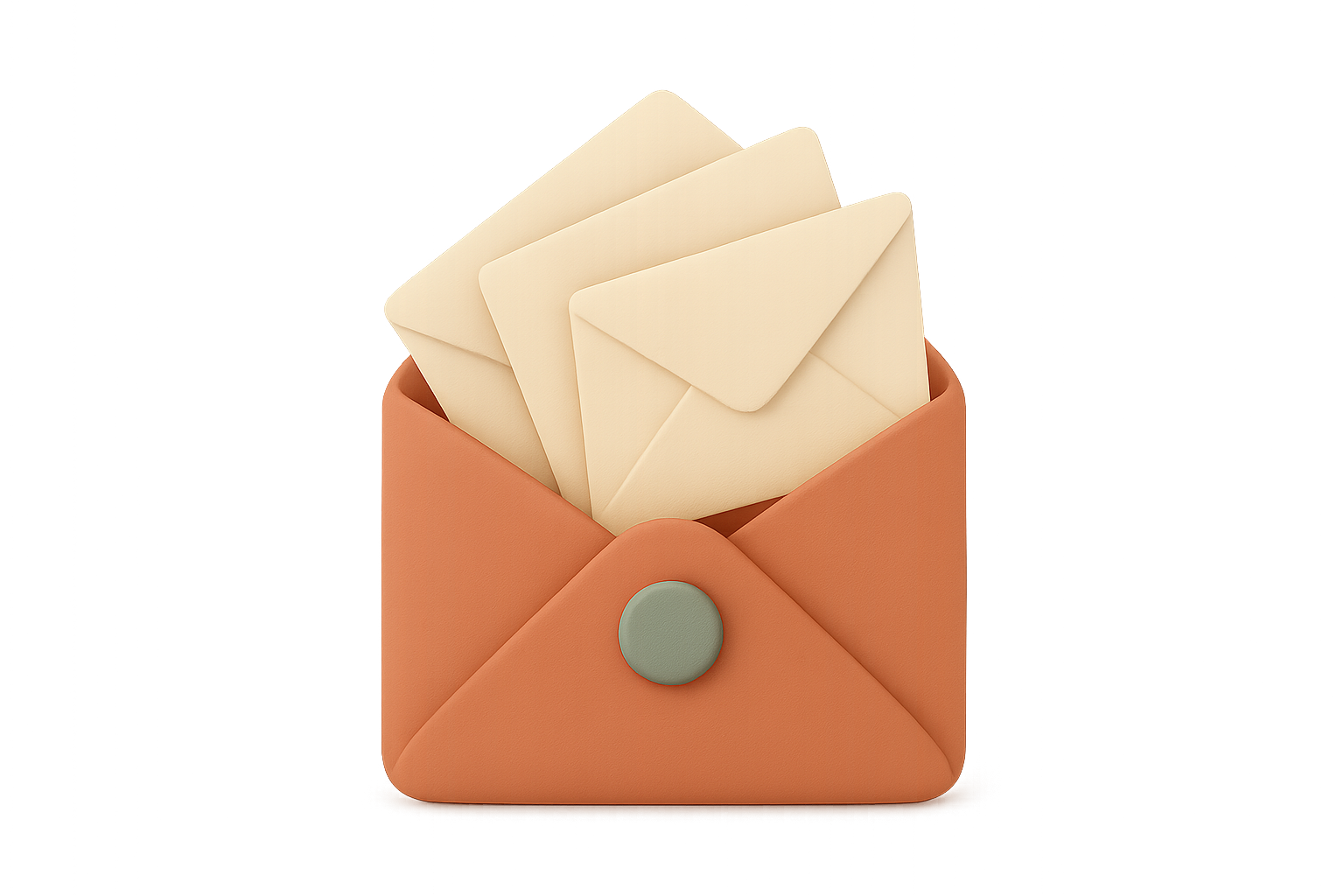 A rounded terracotta envelope with three smaller cream envelopes fanning outward from its mouth