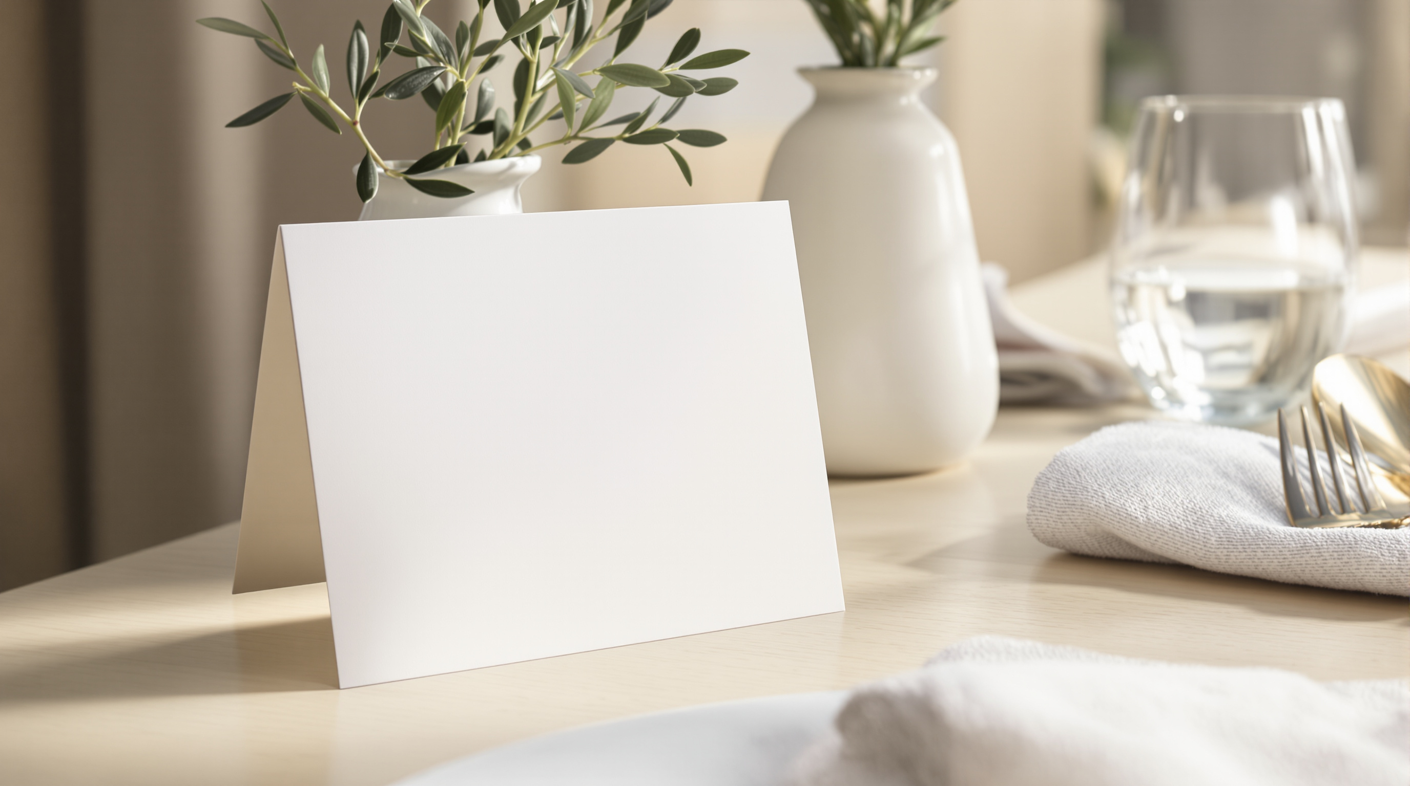 A plain blank card propped against a white vase of olive branches on a pale oak table set with a water glass, a linen napkin and cutlery in soft window light