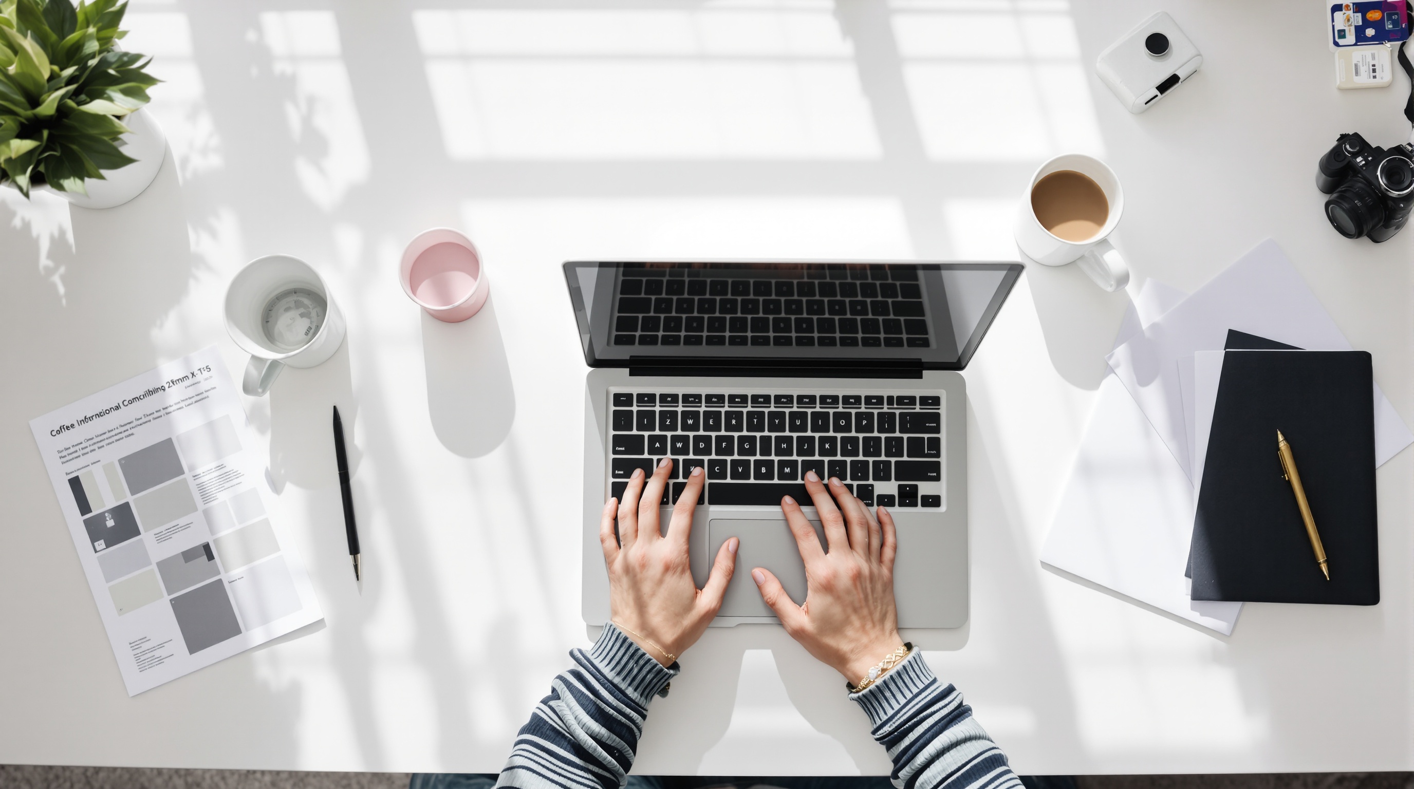 A person's hands on a desk next to a closed laptop, with a coffee cup and printed document visible, overhead angle, natural window light, documentary style