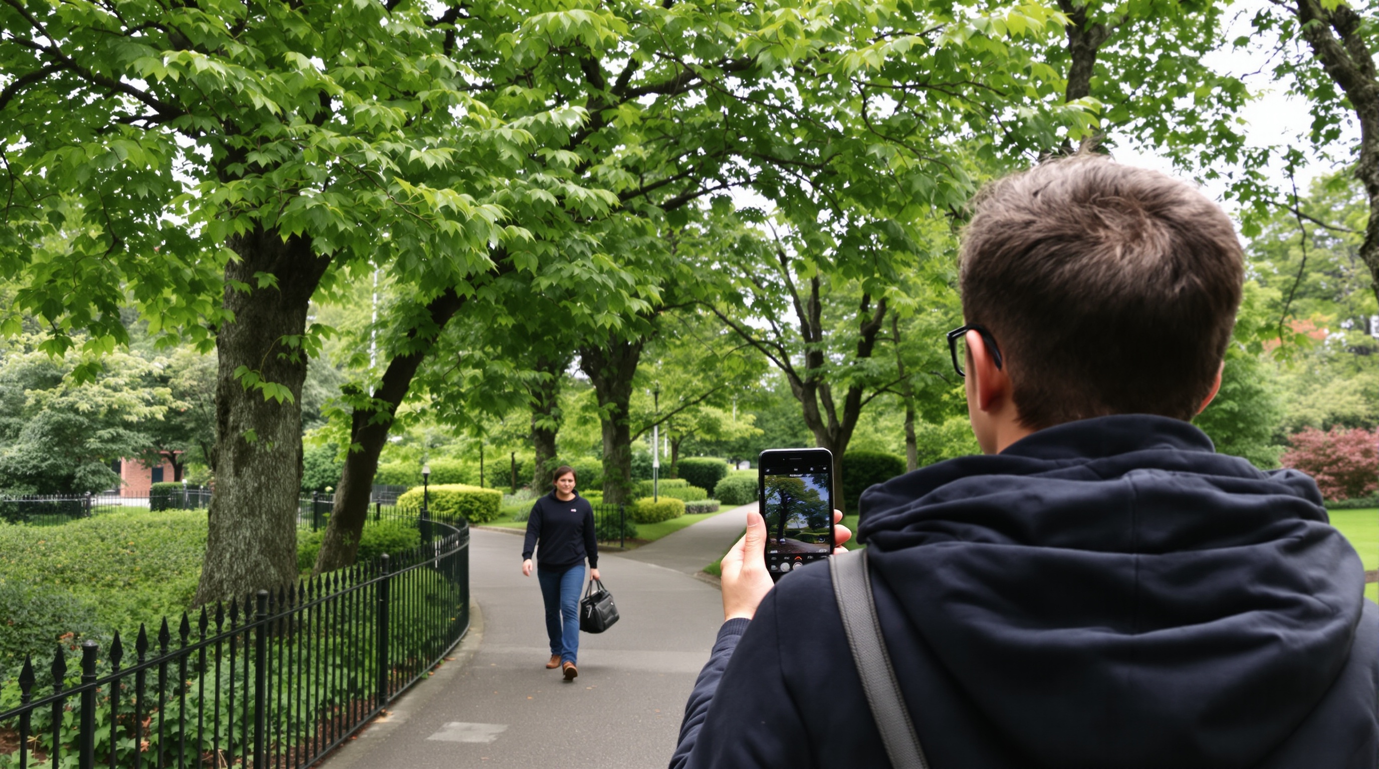 A person's hand holding a smartphone seen from behind, the phone screen not visible, standing in a park with trees in soft focus, overcast natural light, shot on Canon R6 with 35mm f/1.4, environmental wide shot, cool blue shadows