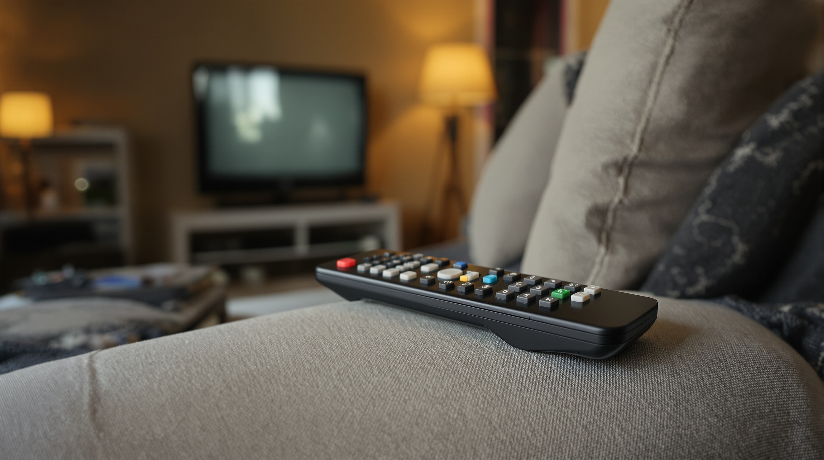 Close-up of a television remote control resting on a couch armrest, the TV screen reflected but not visible, warm living room ambient light, shot on Fujifilm X-T5 with 56mm f/1.2, shallow depth of field, slight film grain ISO 800