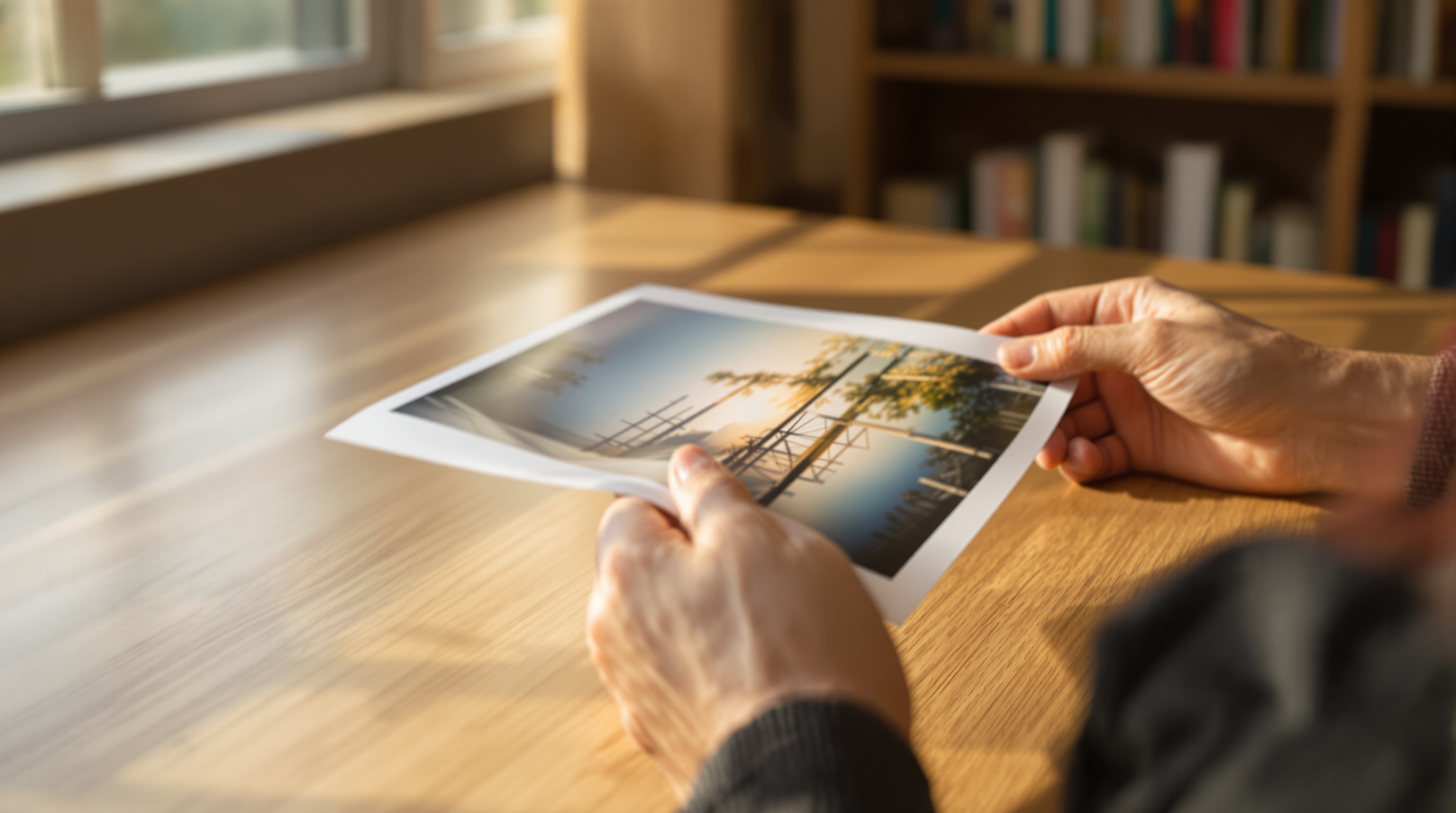 Hands holding a printed photograph over a wooden desk, natural side lighting from a window, shot on Canon R6 with 35mm f/1.4, warm golden hour tones, bokeh background showing bookshelves
