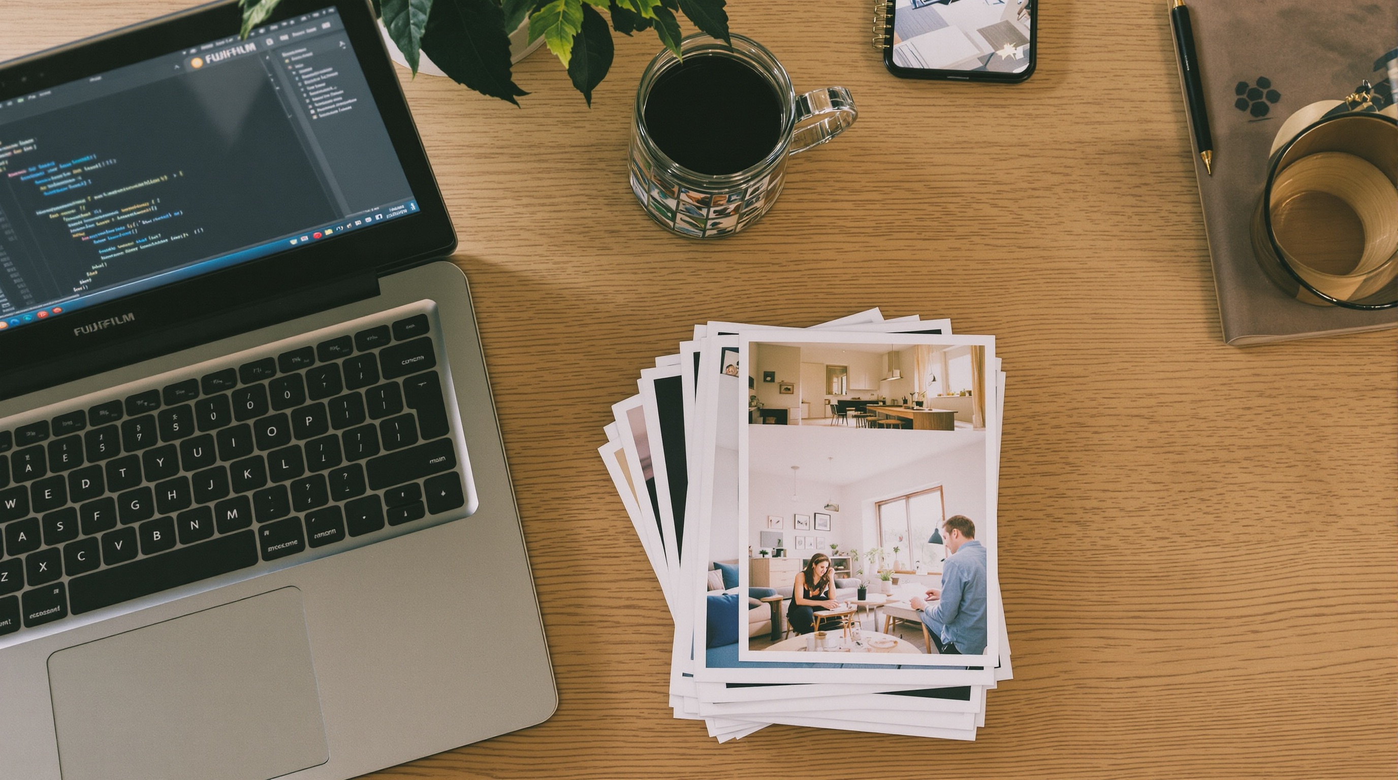 Stack of printed photographs next to a laptop showing code, overhead flat lay shot on Fujifilm X-T5 with 23mm f/2, natural window light from the left, warm tones, slight film grain