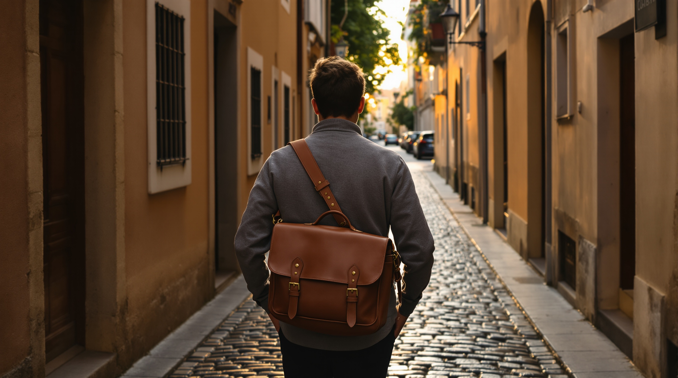 A person walking through a European cobblestone street carrying a camera bag, shot from behind at golden hour