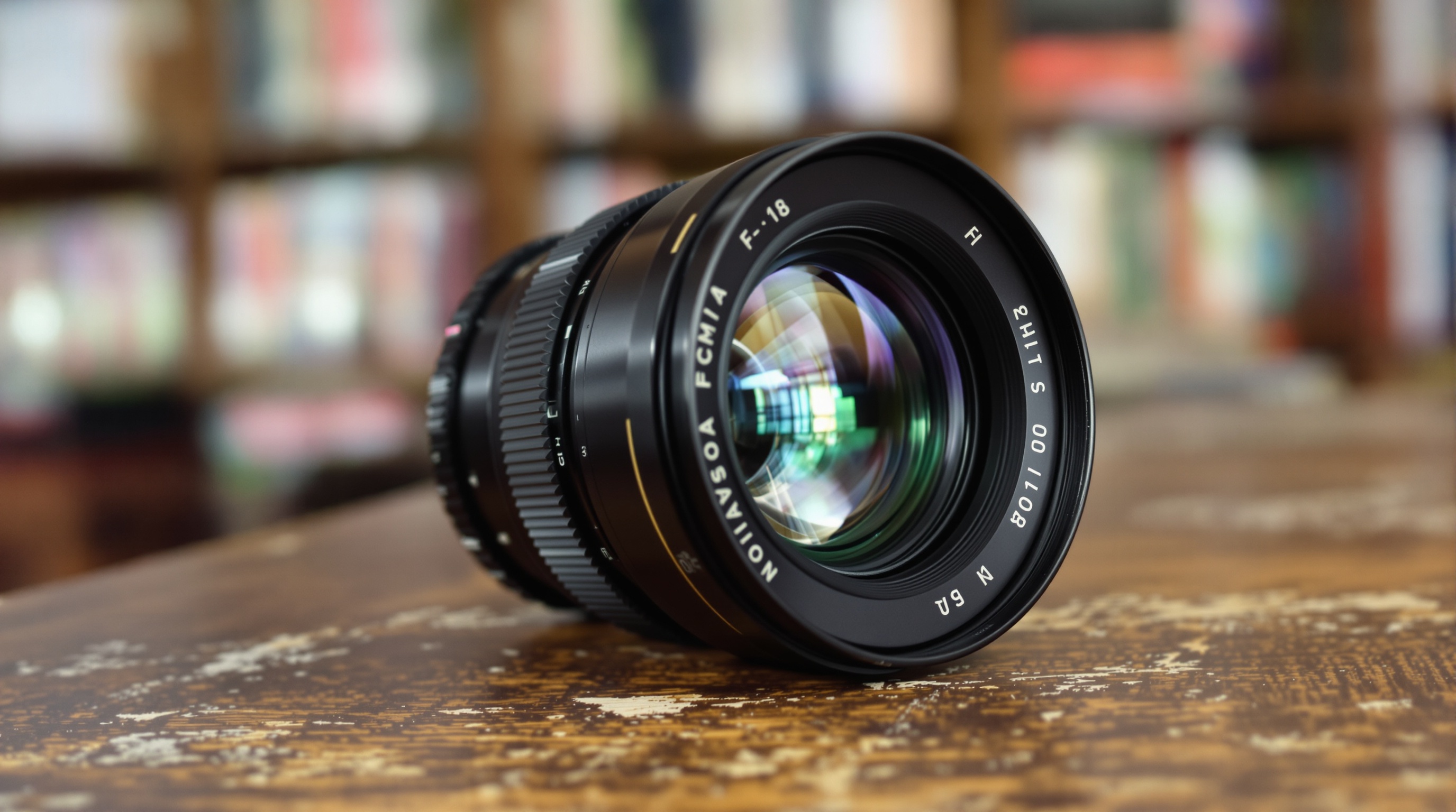 Close-up of a camera lens lying on its side on a wooden desk, shallow depth of field with a blurred office background