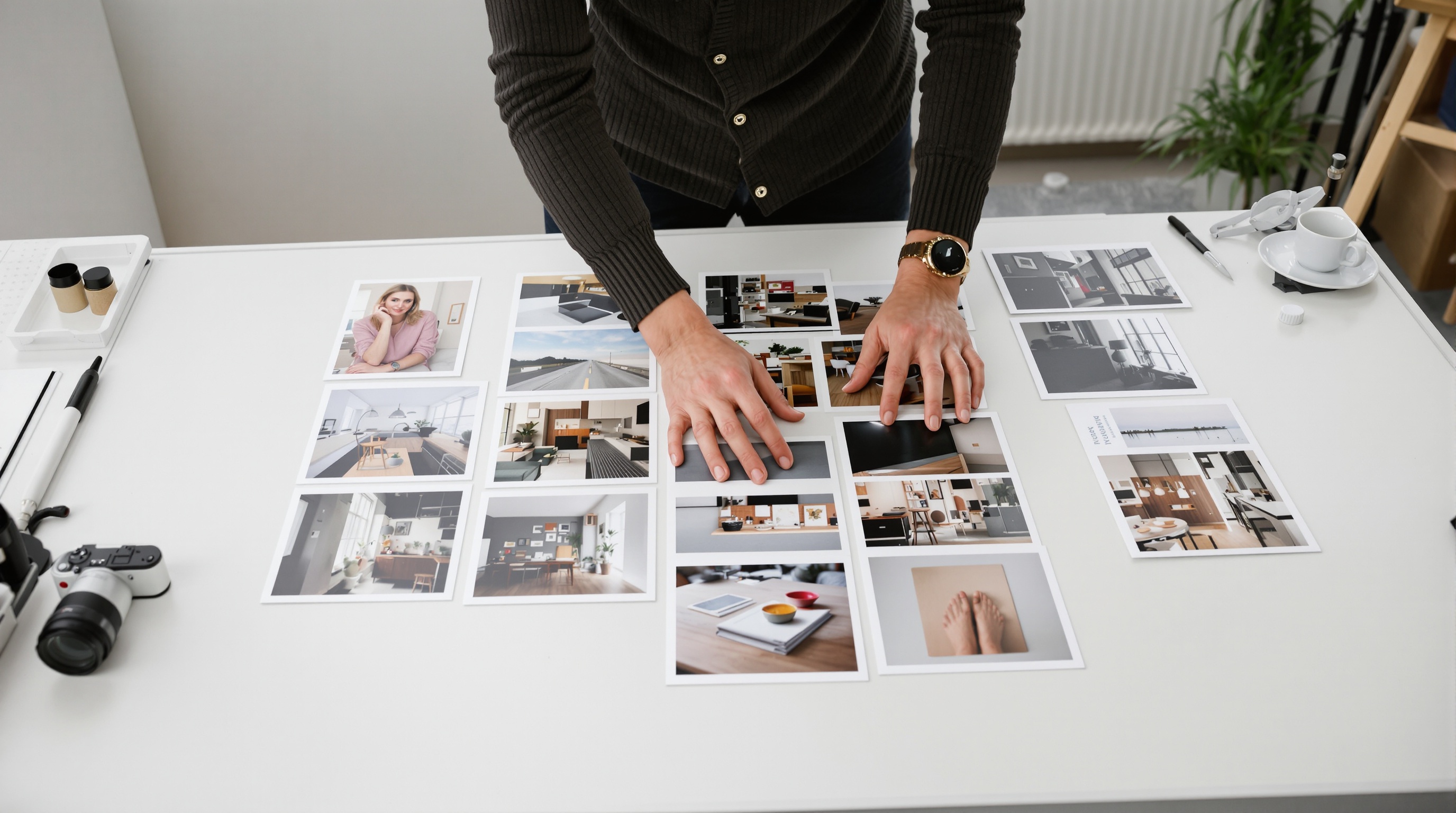 Photographer reviewing a spread of printed photographs laid out across a light table in a studio, shot from above in soft overcast window light