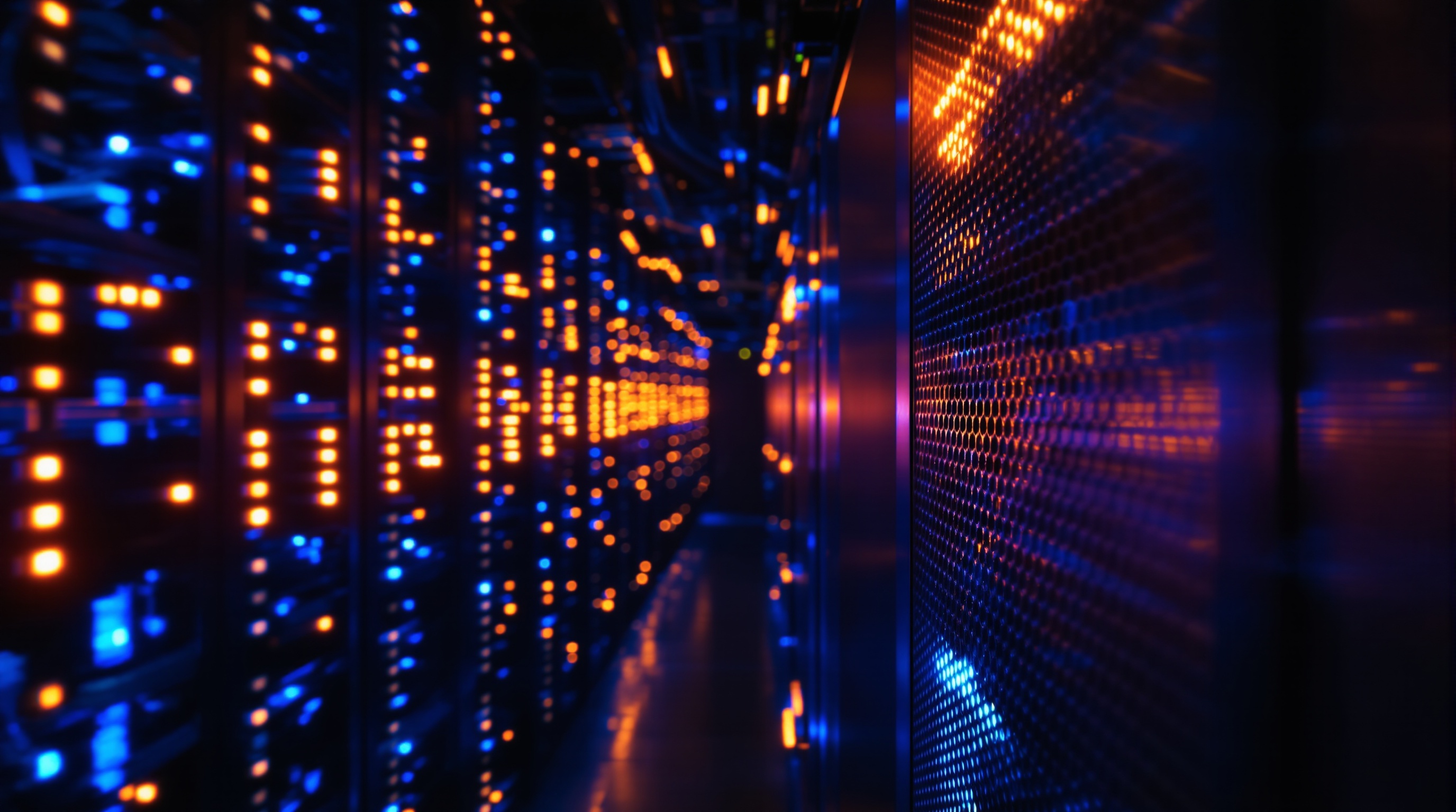 Rows of server rack cable connections with blue and amber blinking LED indicator lights in a dimly lit data center corridor