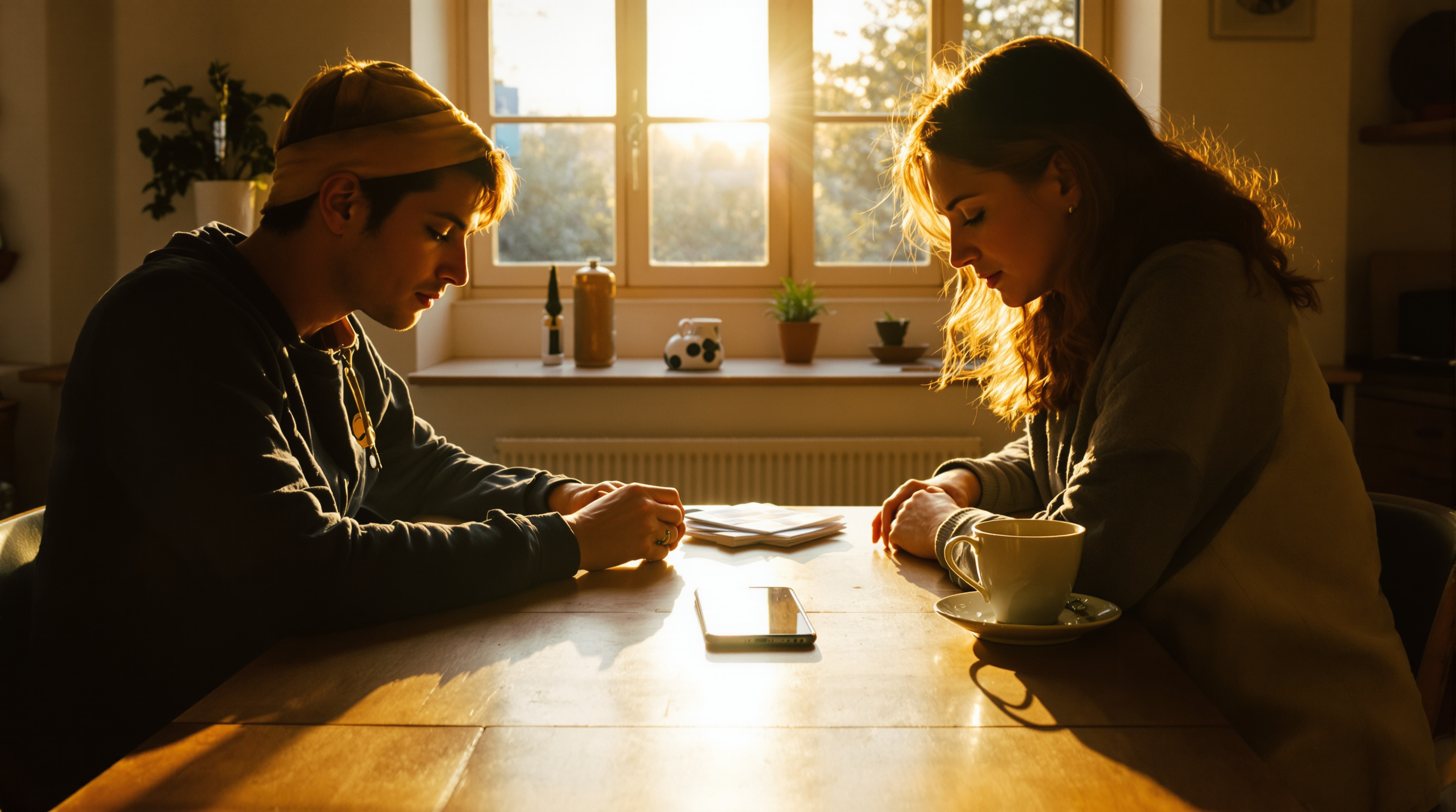 Two people at a kitchen table in golden-hour light looking down at a phone lying between them beside a cup of tea