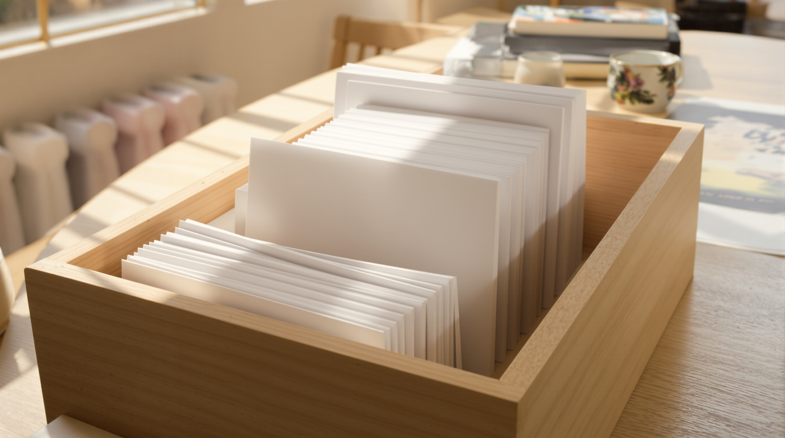 A shallow wooden box of photographic prints standing on edge on a sunlit table, only their white edges showing, one pulled slightly proud of the rest