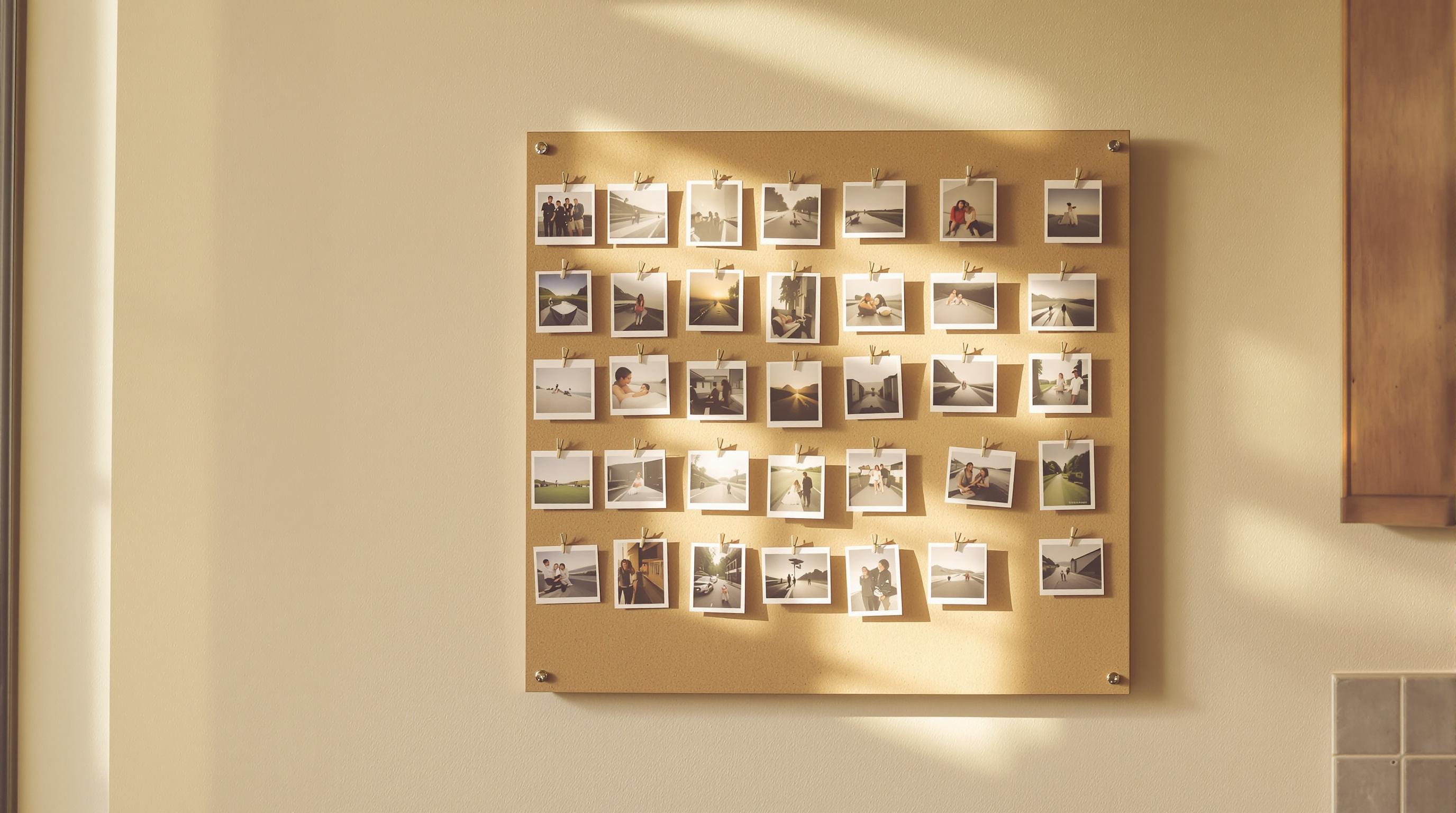Two dozen small photographic prints pinned in a loose grid on a cork board, lit by soft morning sun from a window