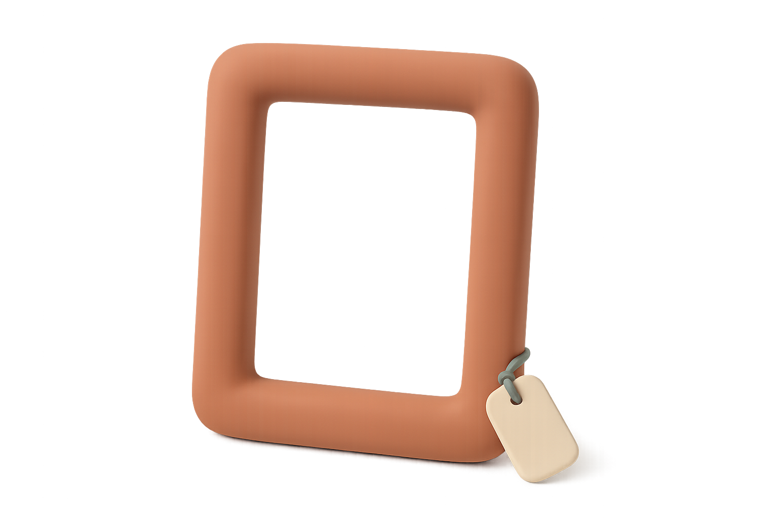 A rounded terracotta picture frame with a small cream paper tag tied to its lower corner
