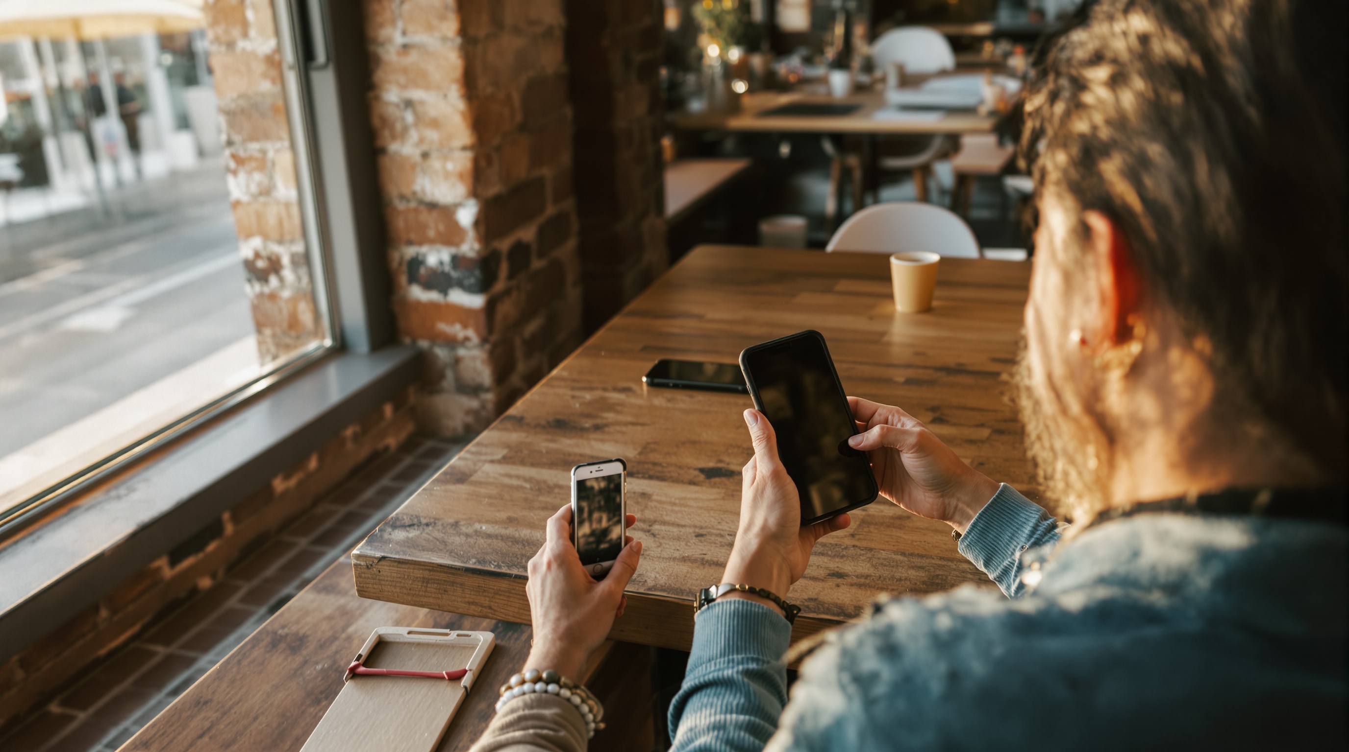 Two people comparing phones at a coffee shop table, one holding an iPhone and the other an Android device