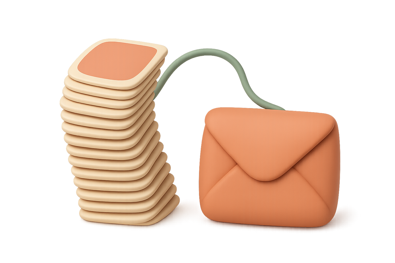 Illustration of a single rounded envelope shape with one cord running out of it, set beside a tall stack of loose prints, in matte terracotta and cream