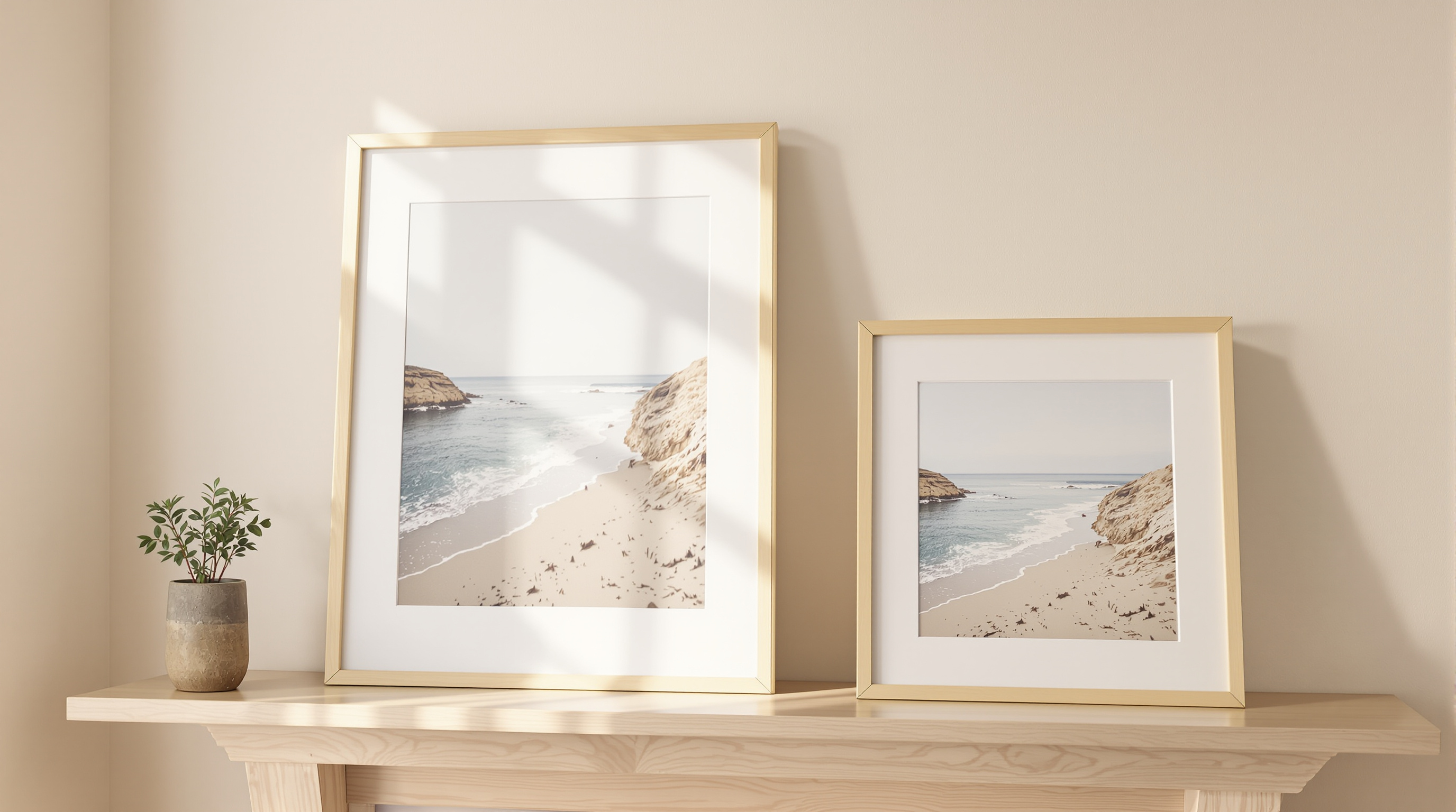A large framed photographic print and a much smaller framed print standing side by side on a pale oak shelf in warm morning light