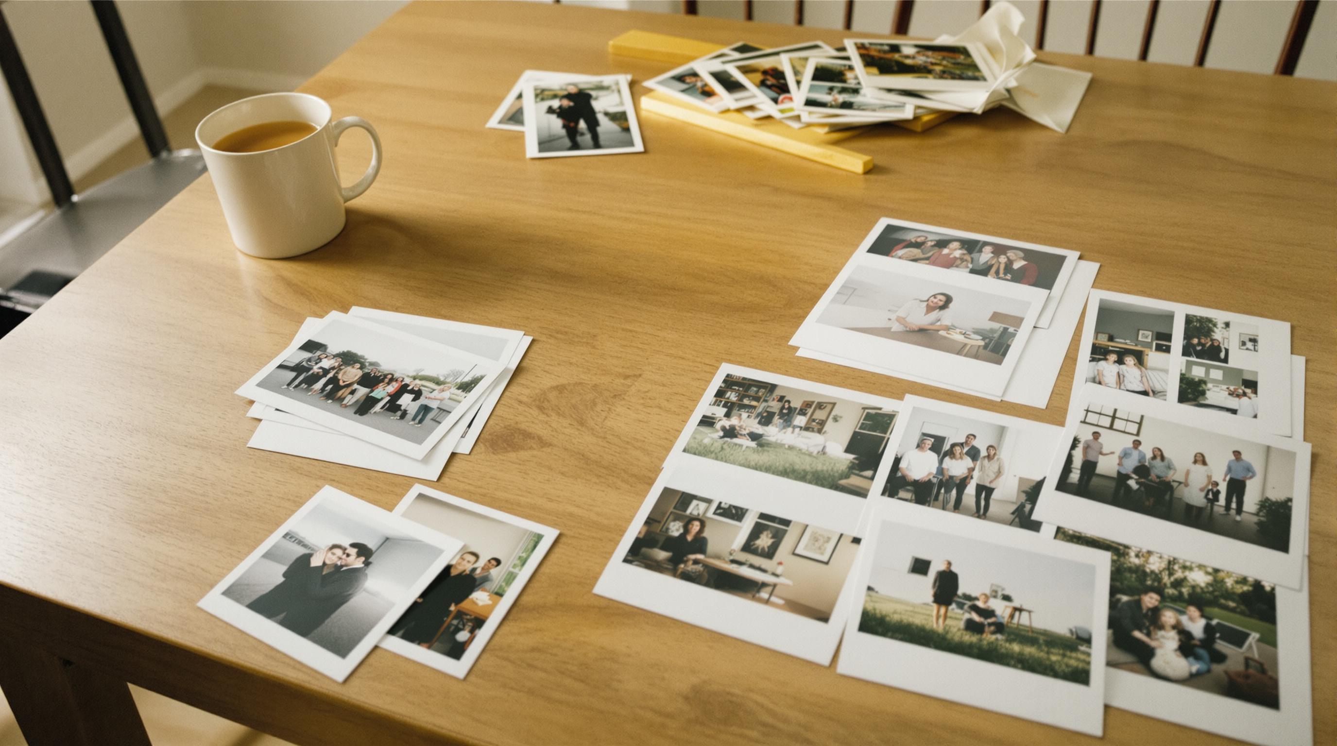 Printed photographs in two clearly different sizes spread across a wooden dining table beside a ceramic mug of tea, soft window light