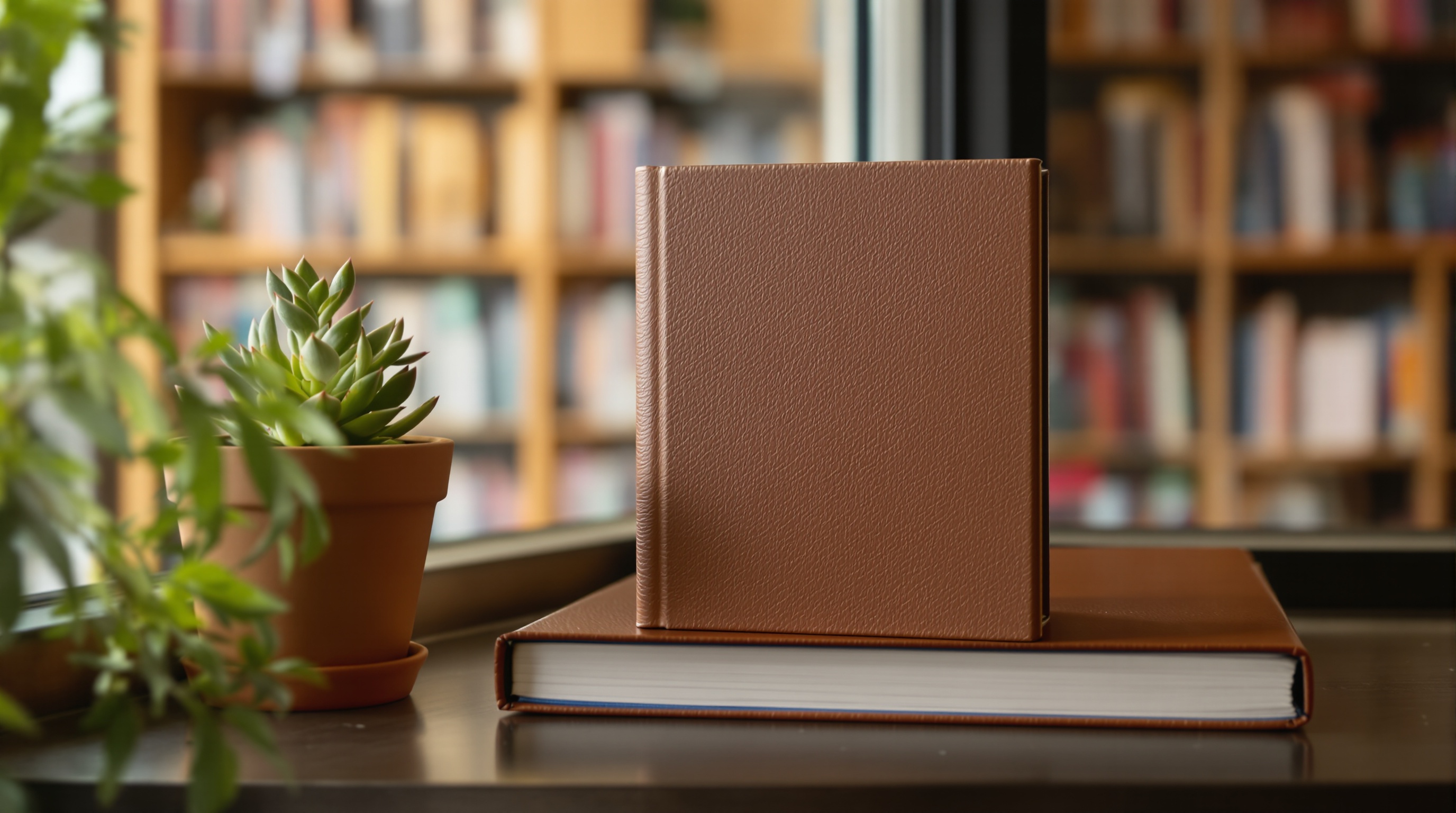 A locked photo album sitting on a shelf next to a small potted plant, soft natural lighting, shallow depth of field