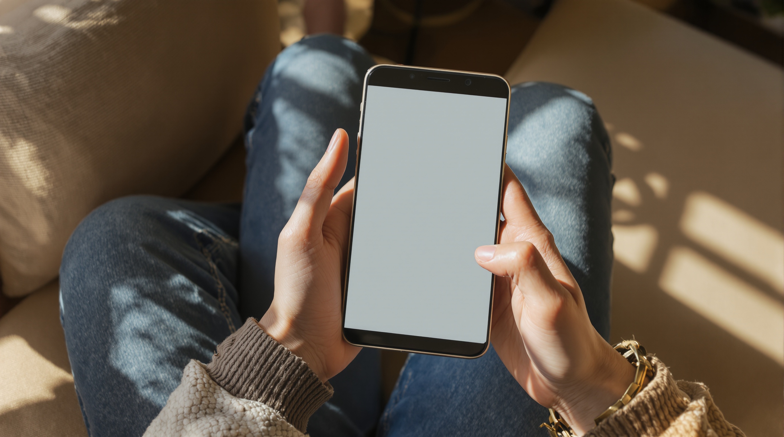 Overhead view of a person scrolling through phone settings on a couch, natural daylight, muted neutral tones