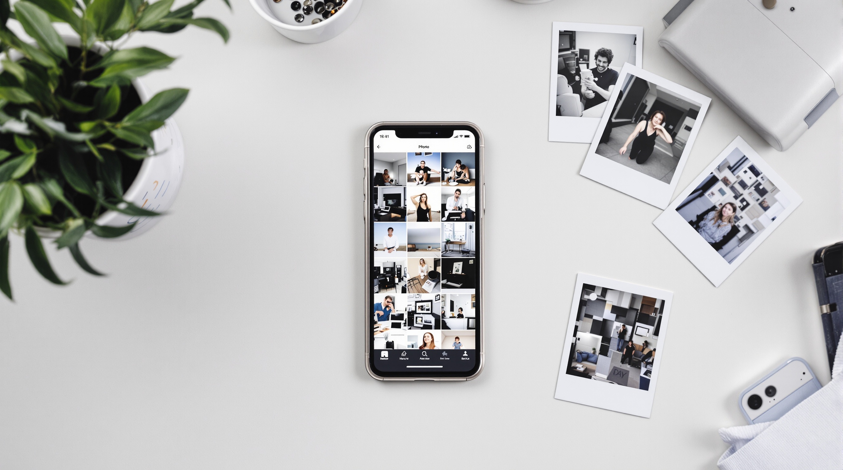 Overhead shot of a desk with a smartphone showing a photo gallery grid, a coffee cup, and scattered printed photographs