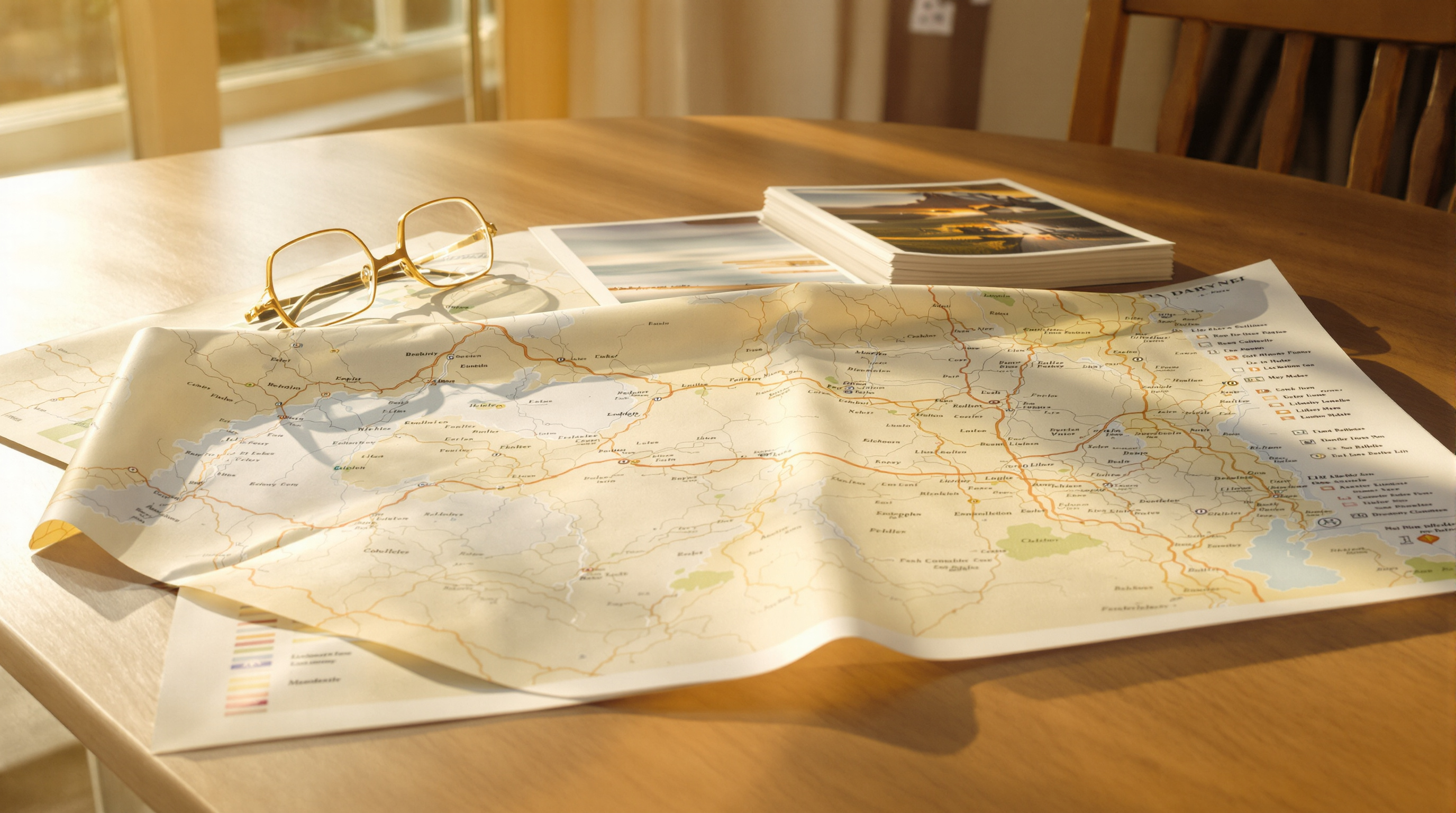 A folded paper road map on a warm oak table with photographic prints and reading glasses resting on one corner in golden window light