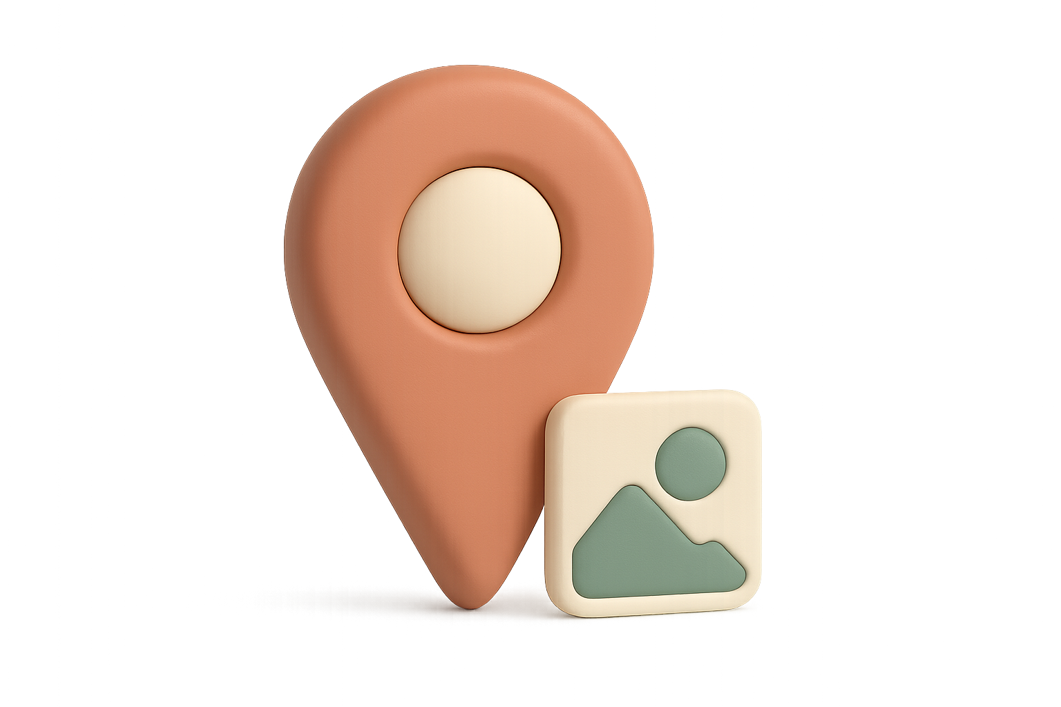 A matte illustration of a single map pin with a small photograph tucked behind its base