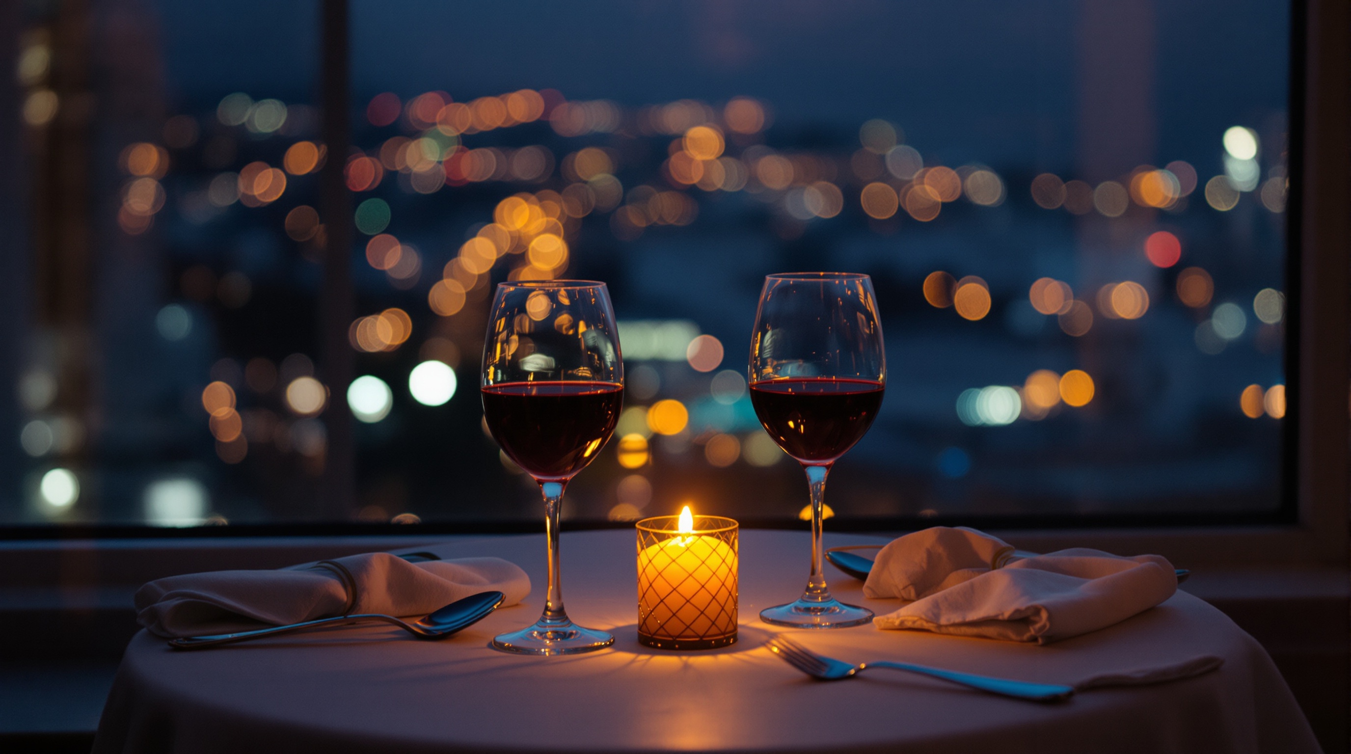 A candlelit dinner table for two by a window at dusk with city-light bokeh outside, the kind of anniversary evening worth sharing privately
