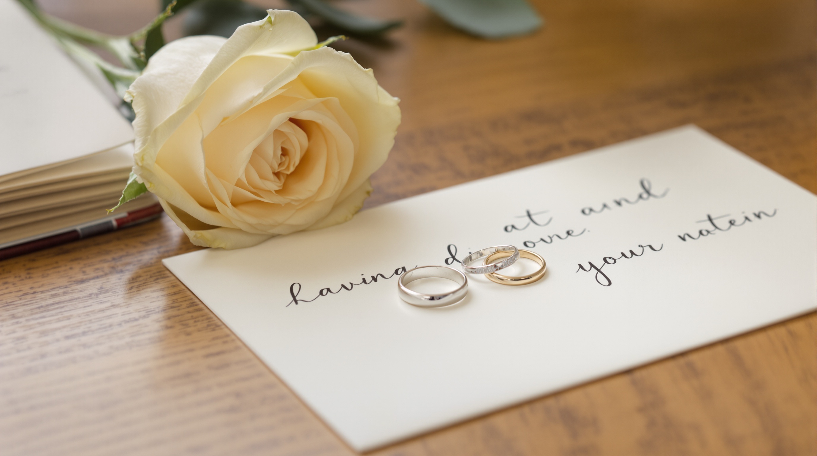 Two wedding rings resting on an open handwritten letter beside a single rose, echoing years of photos gathered into one anniversary album