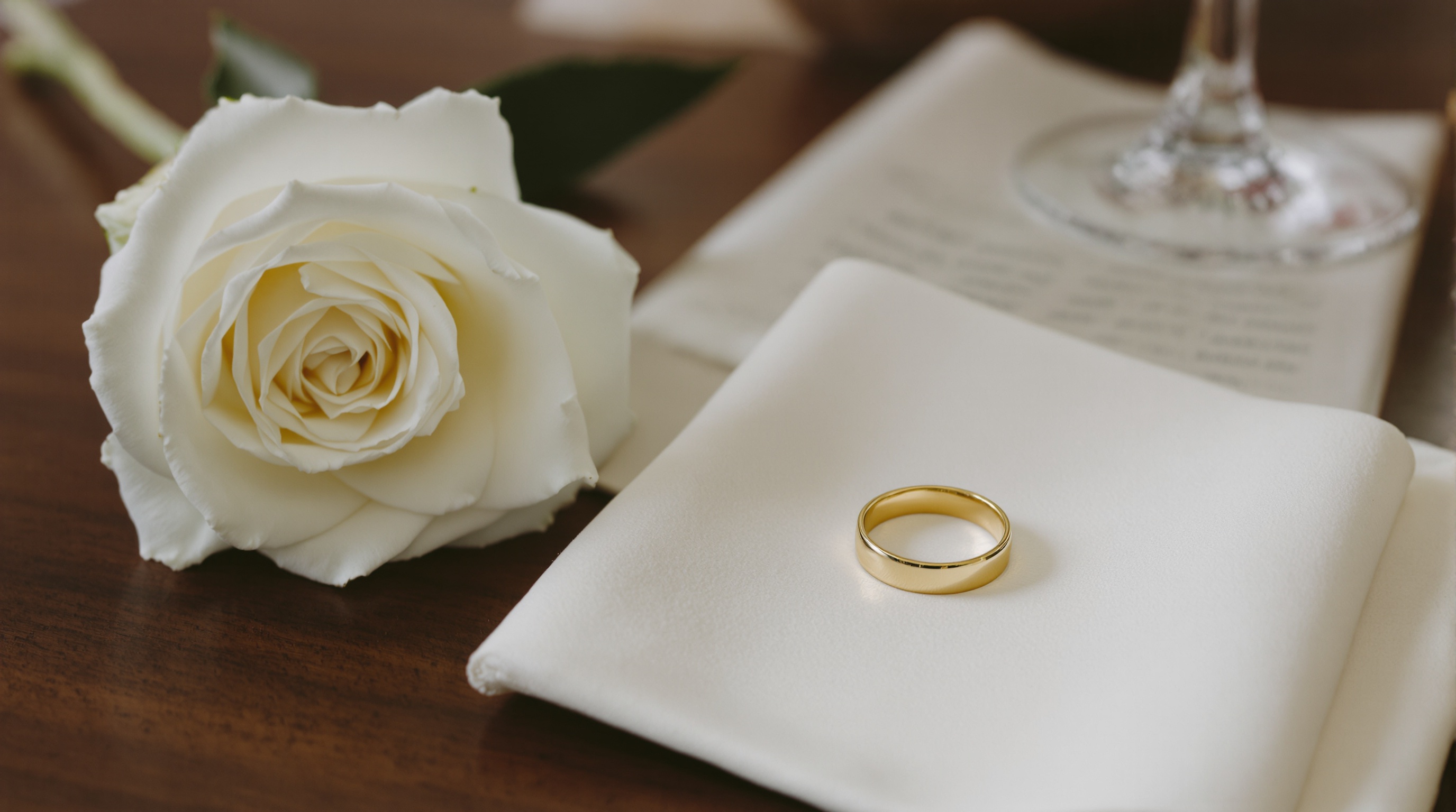 Two wedding rings resting on an open handwritten letter beside a single rose, echoing years of photos gathered into one anniversary album
