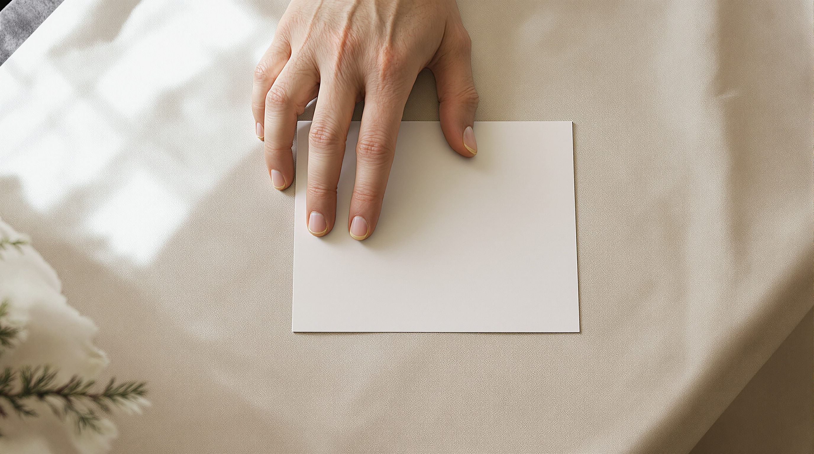 A hand resting on a single printed photograph lying face down on a linen tablecloth, soft window light from the left
