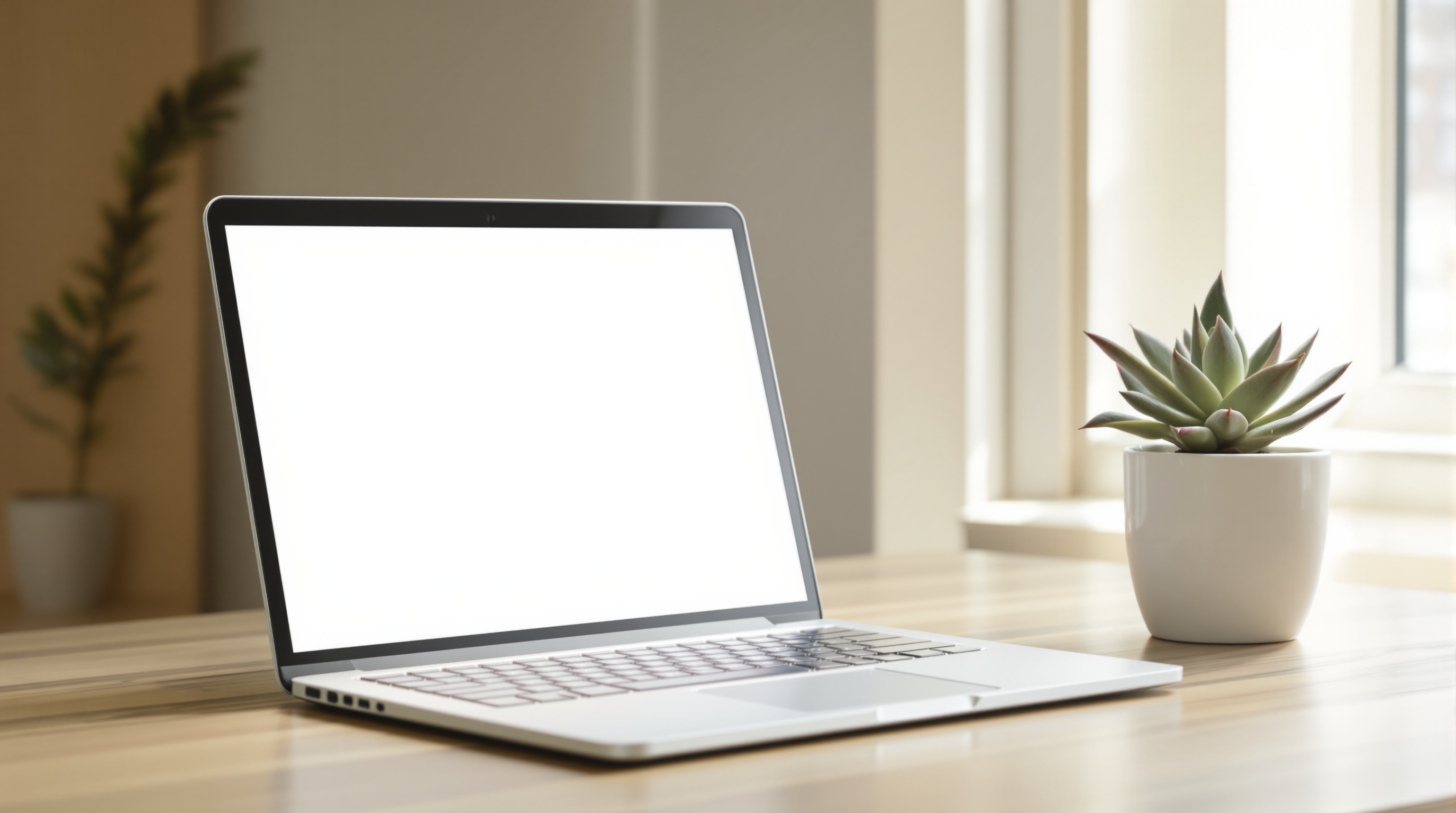 A closed laptop on a clean desk with a small succulent plant and natural light from a nearby window
