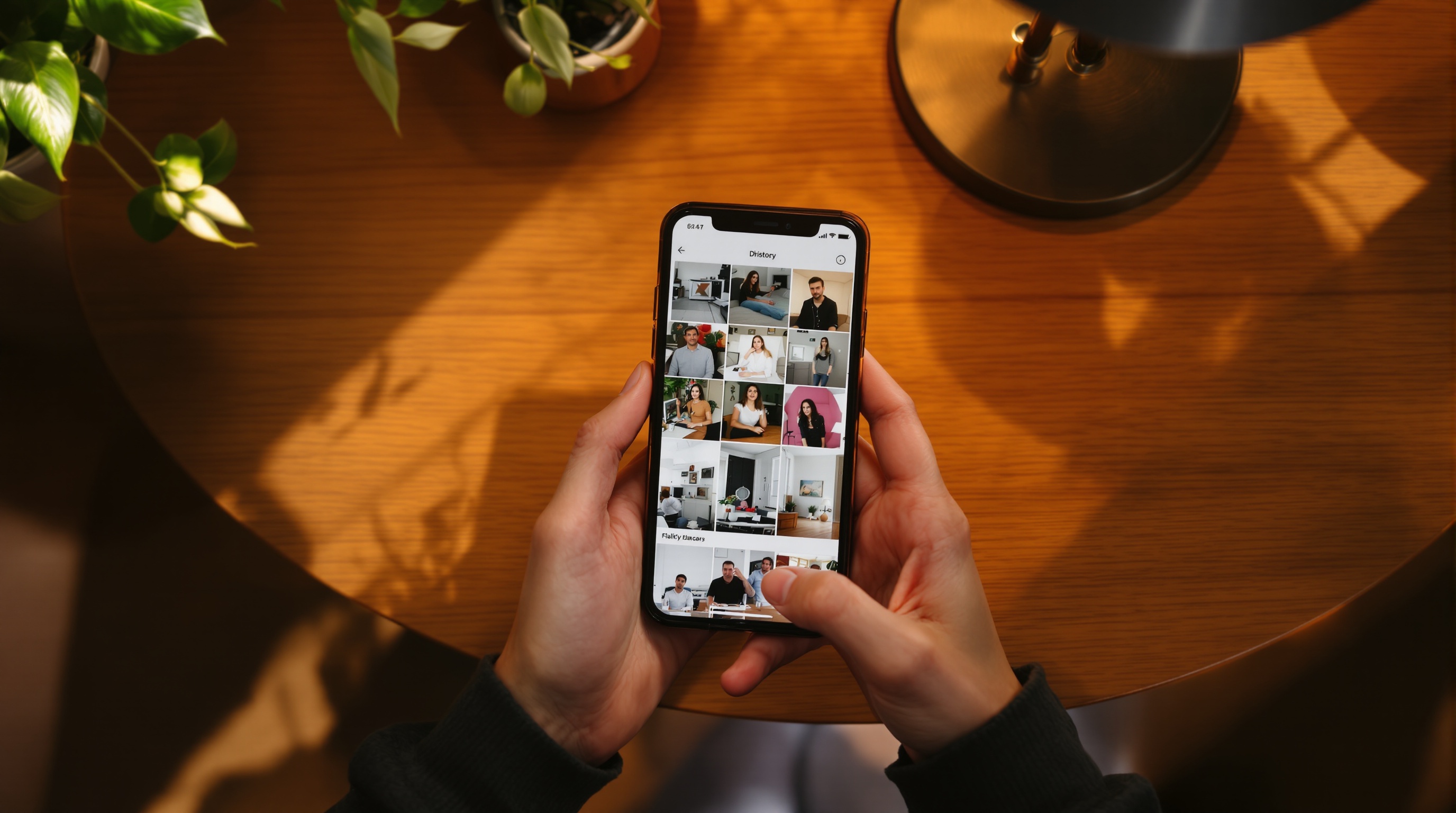 Hands holding a phone from above showing photo gallery thumbnails with warm afternoon indoor lighting