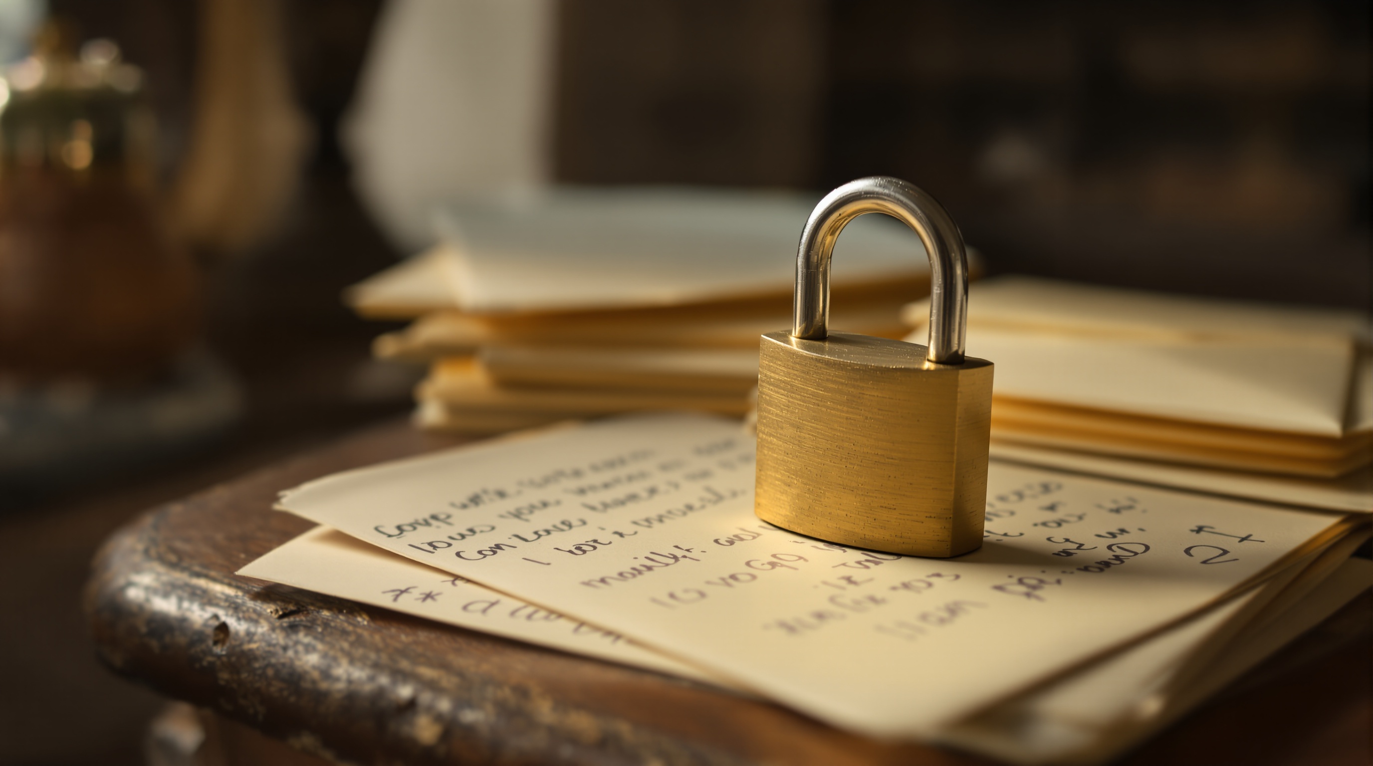 Vintage brass padlock sitting on a stack of handwritten letters on a wooden desk