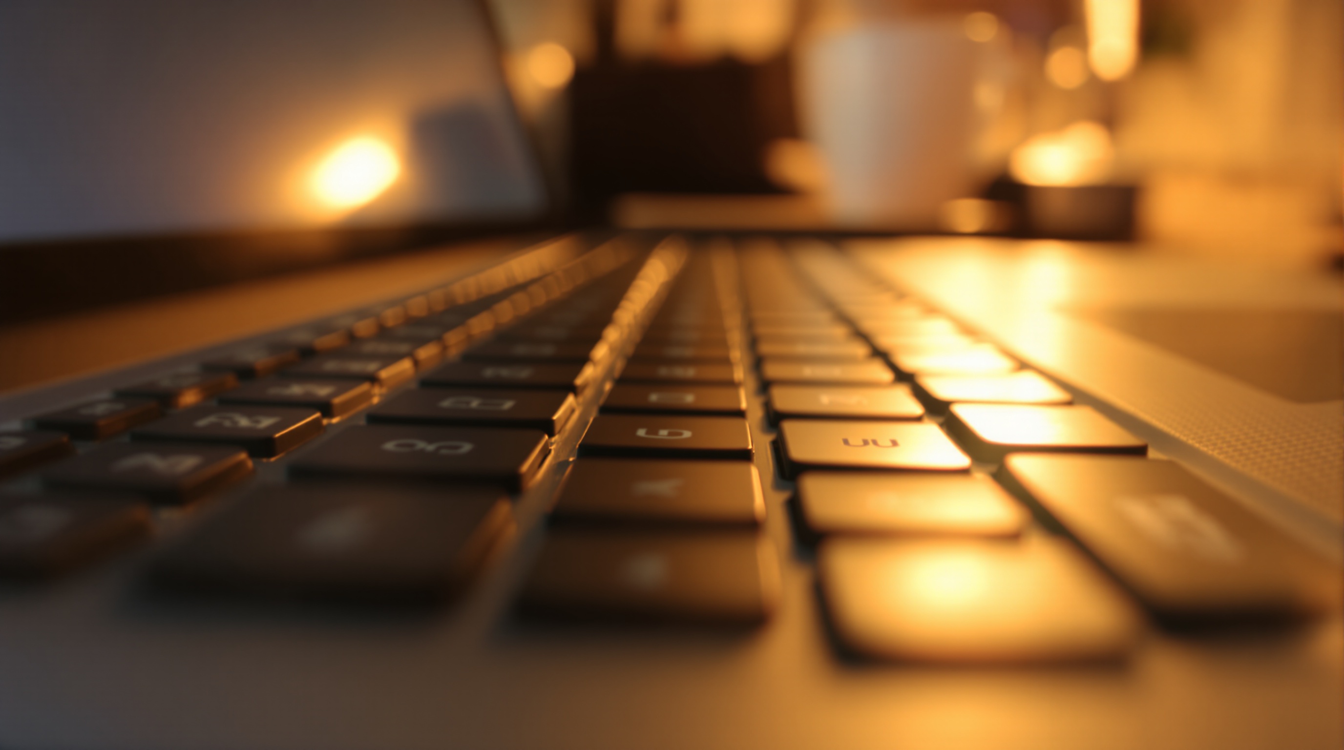 Close-up of a laptop keyboard with an email notification visible on the screen, warm desk lamp lighting