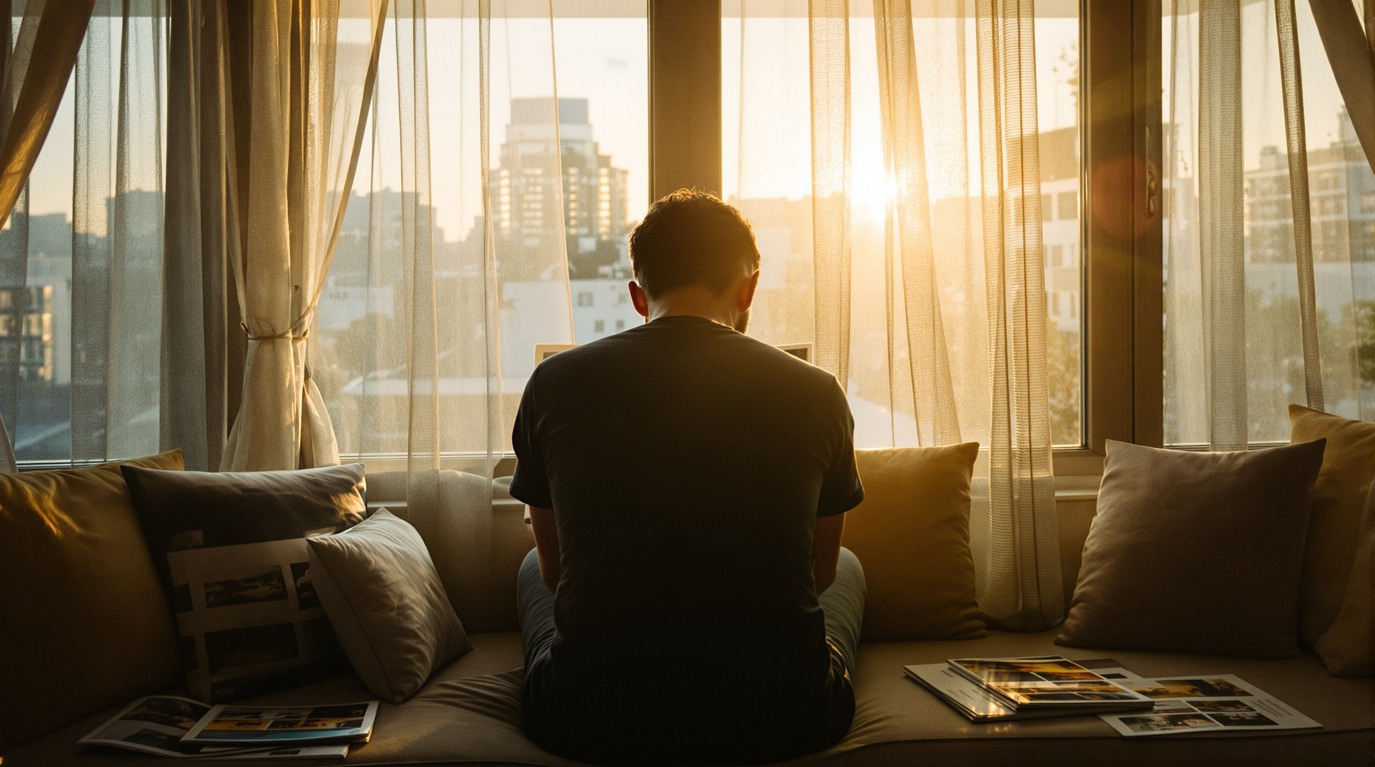 Person sitting by a window reviewing printed photographs in golden hour sidelight