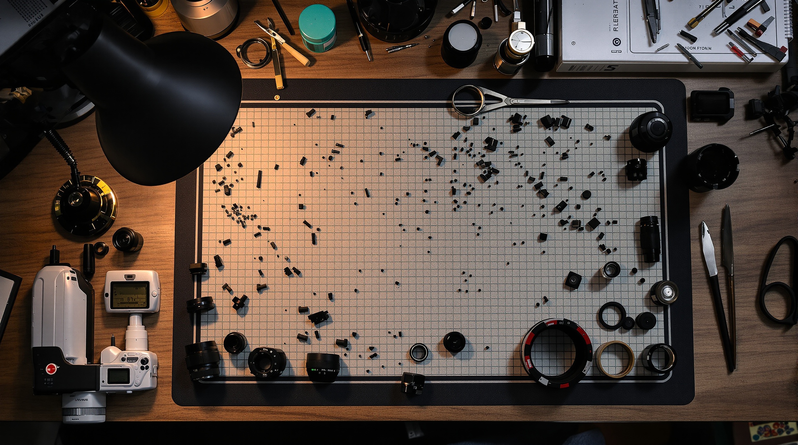 Engineer workbench with precision tools and disassembled camera optics under warm desk lamp lighting