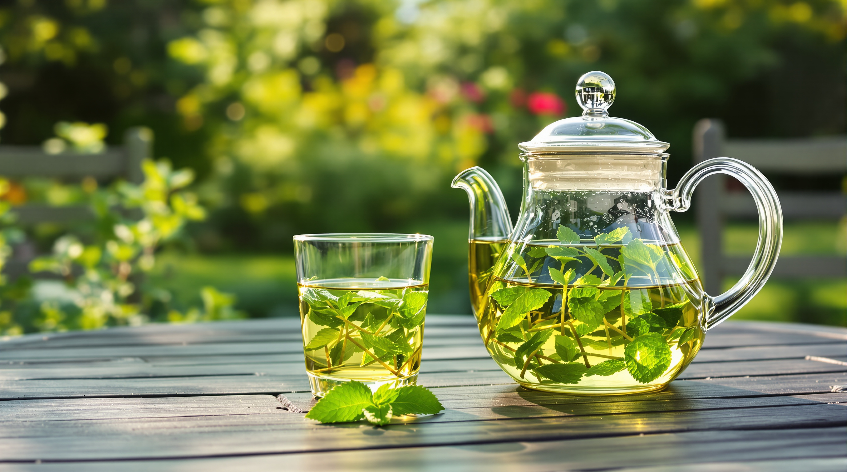 A glass teapot of mint tea and a glass on a garden table in late afternoon sun