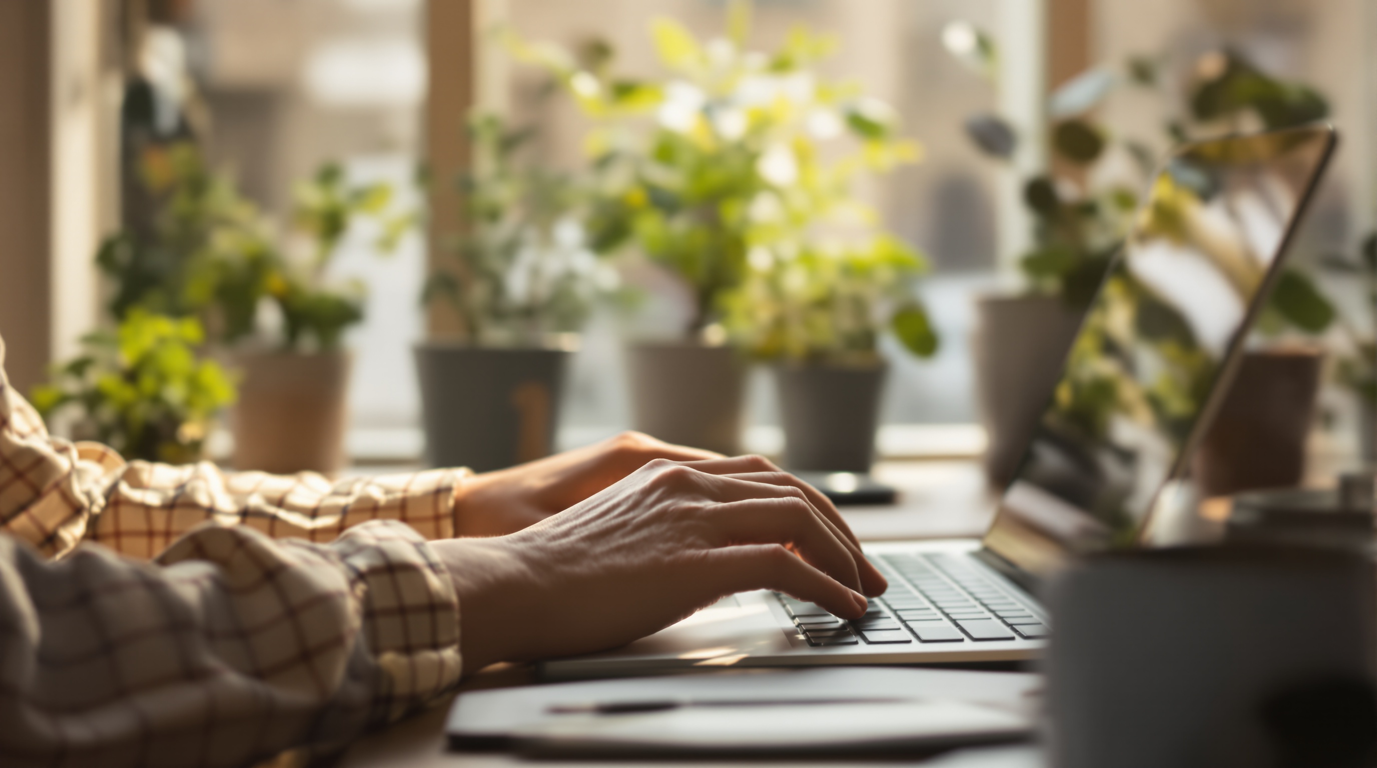 A person sitting at a desk reviewing settings on their laptop, soft natural side lighting, shallow depth of field with warm tones, shot on Sony A7IV with 50mm f/1.8