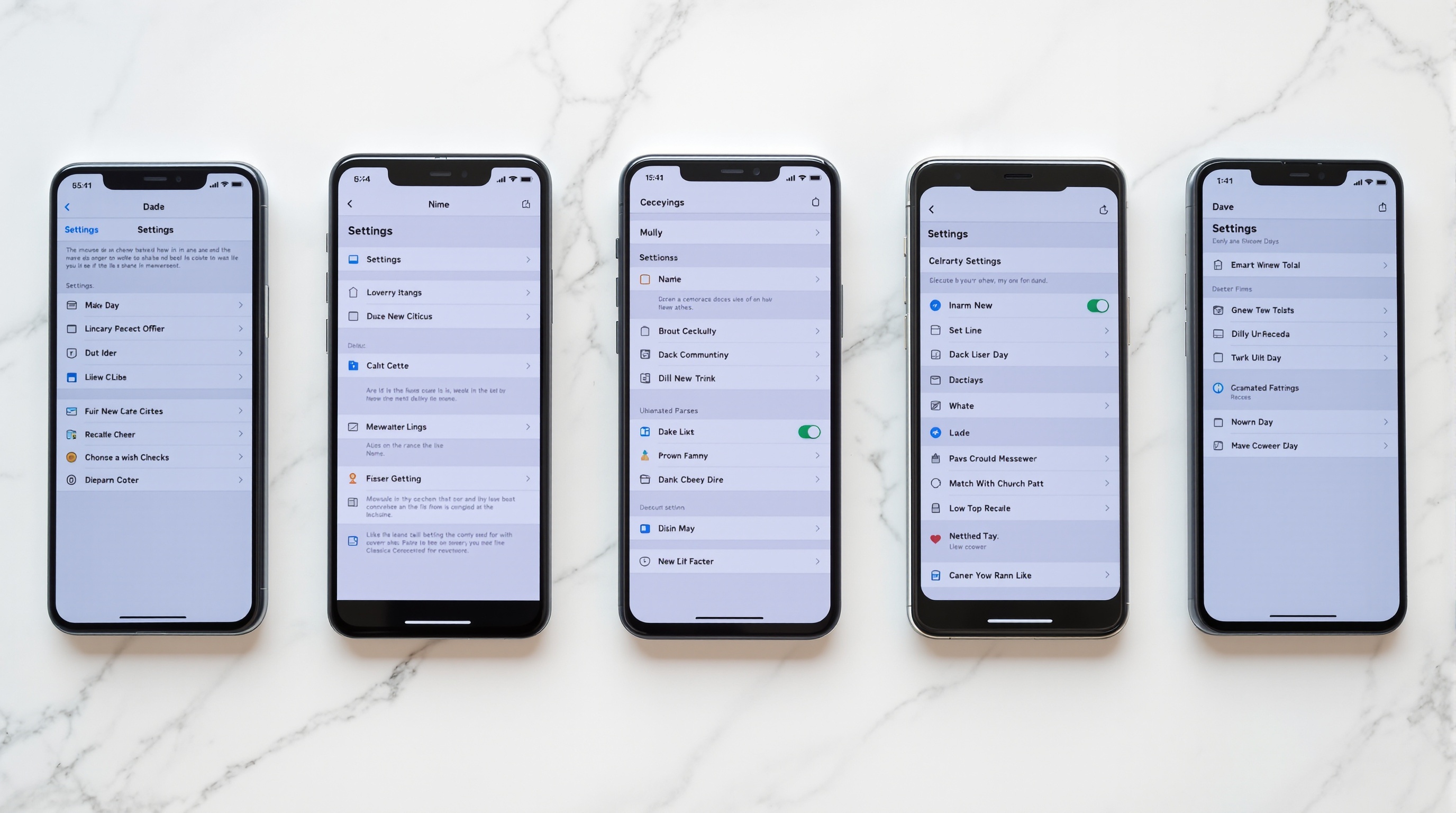 A row of smartphones laid flat on a white desk surface, each showing different settings screens, overhead shot with soft diffused daylight, clean minimal composition