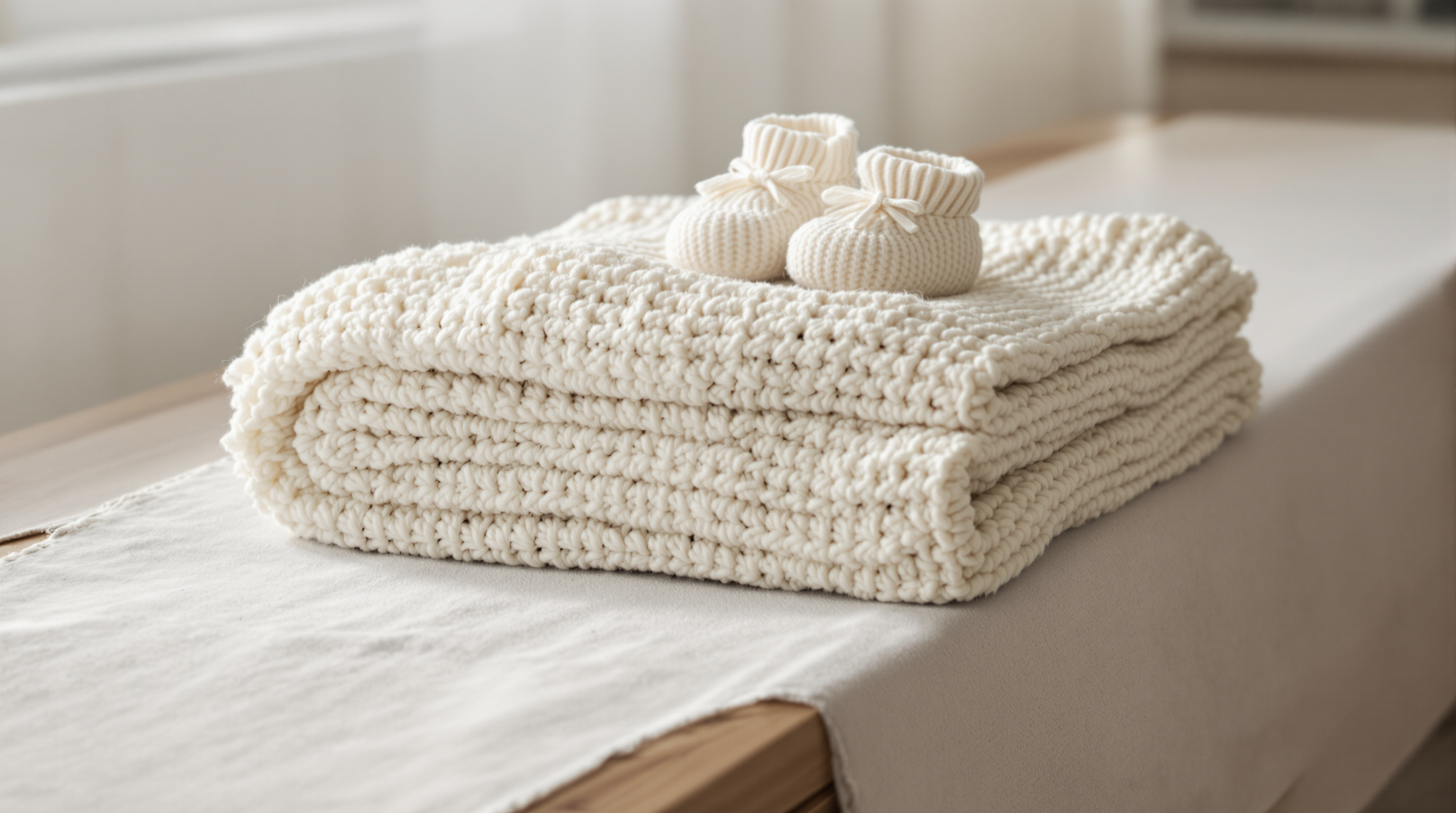 A folded knitted baby blanket and a pair of small woollen booties resting on a linen covered chest of drawers in soft morning light