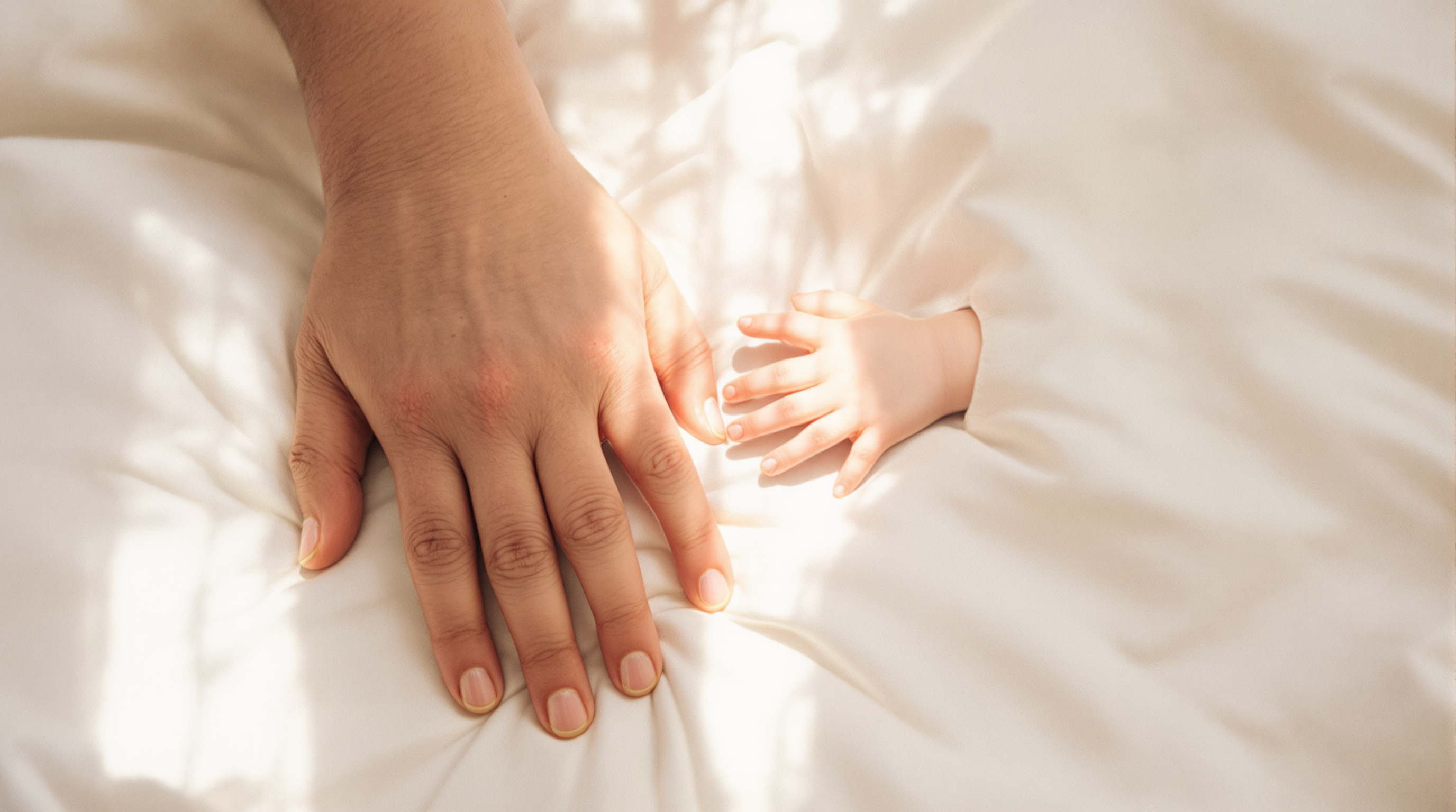 A parent's hand resting over a much smaller hand on a pale cotton sheet, sunlight falling across both from a window out of frame