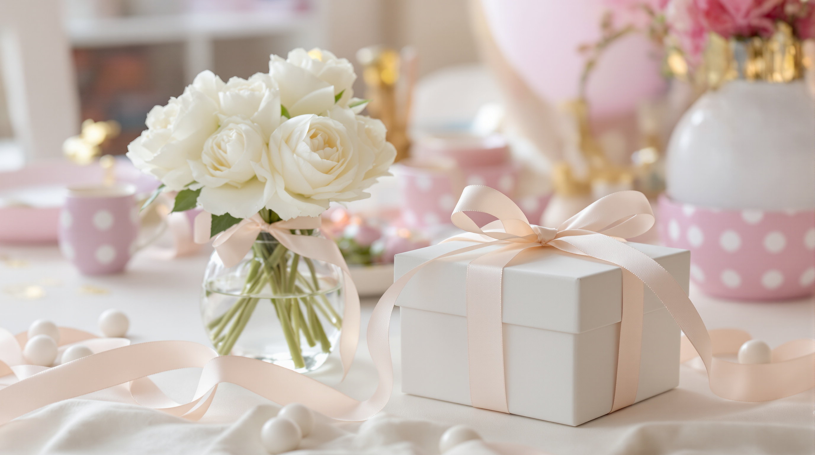 White ranunculus in a glass vase beside a small gift box tied with a pale pink ribbon on a soft pastel party table
