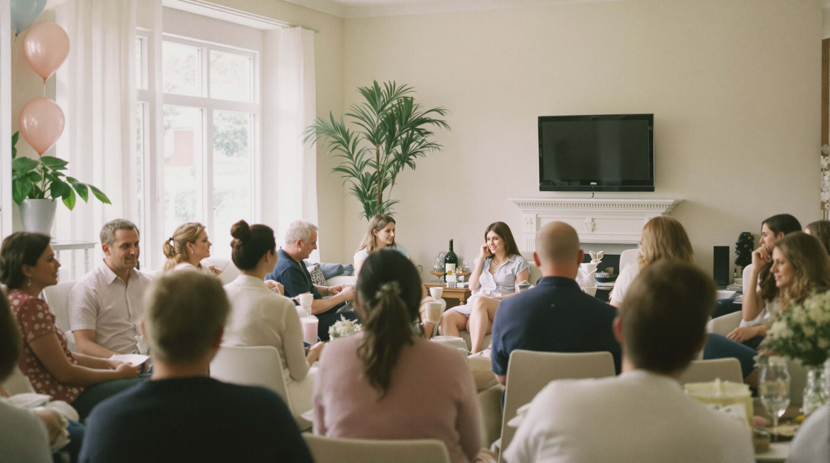 Guests seated in a bright living room during a baby shower, seen from behind in soft daylight