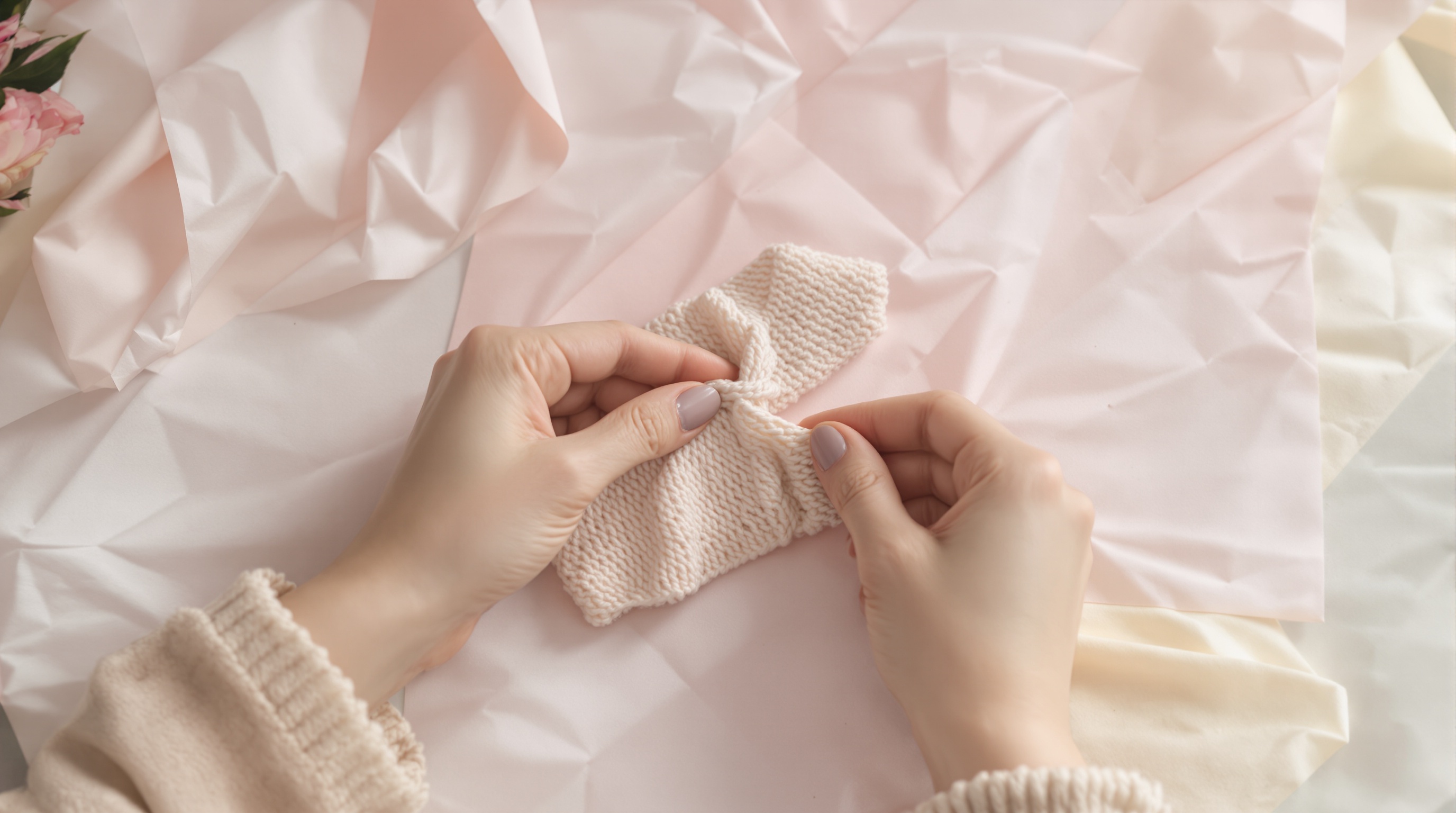 Woman's hands unfolding a tiny knitted baby cardigan over pastel tissue paper at a shower gift table