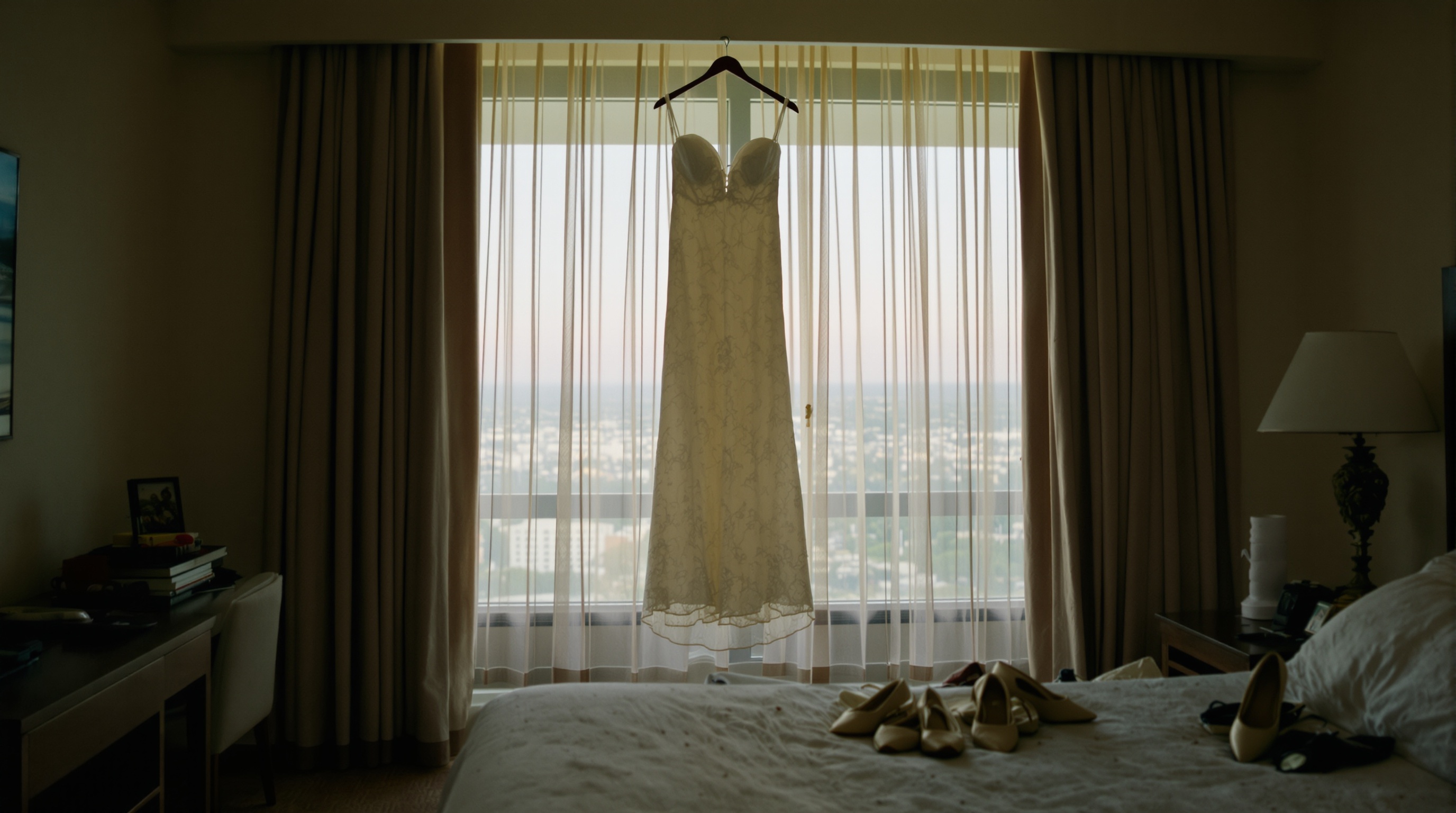 Hotel room after a celebration with a hanging garment bag and scattered heels in soft evening light