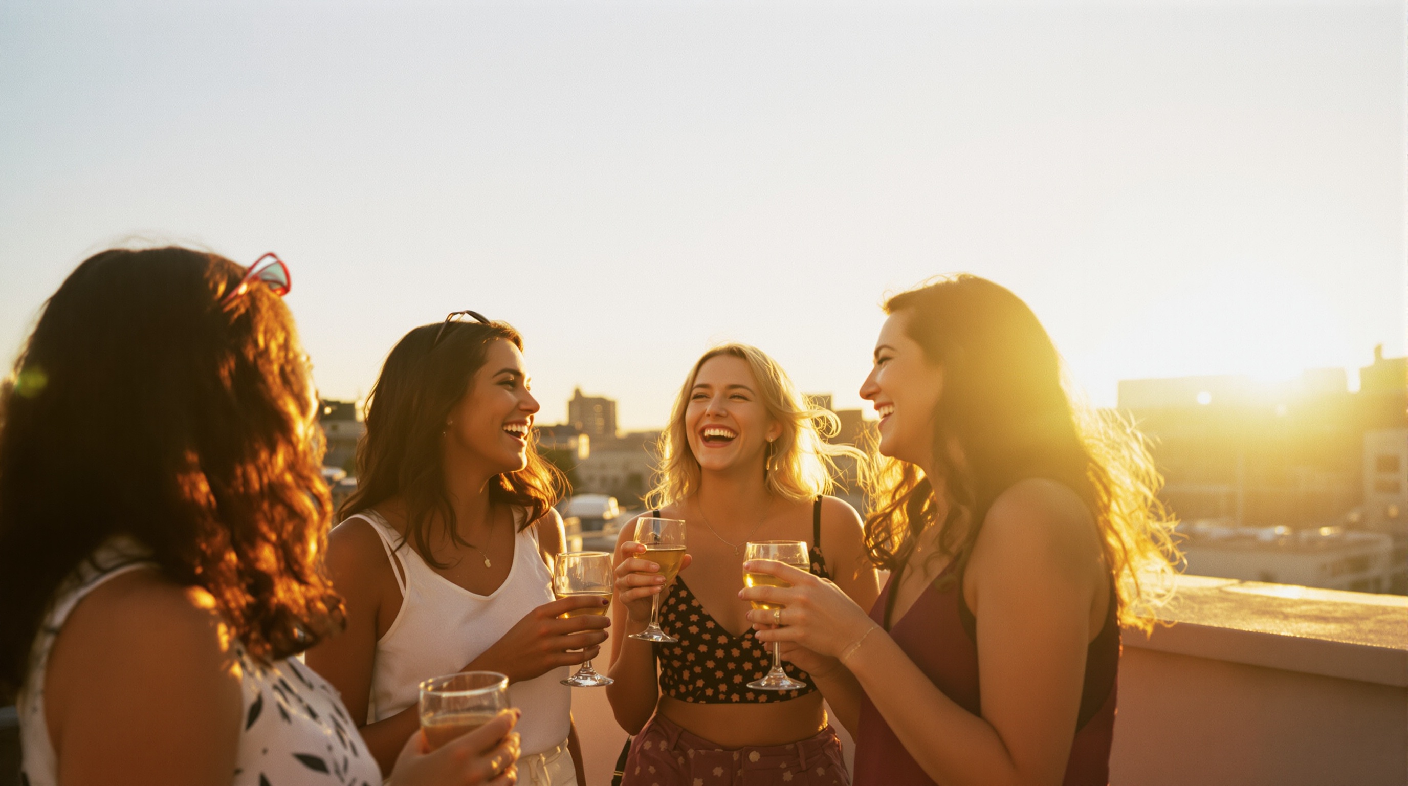 Group of women friends laughing together on a sunny rooftop terrace at golden hour, seen from behind holding drinks