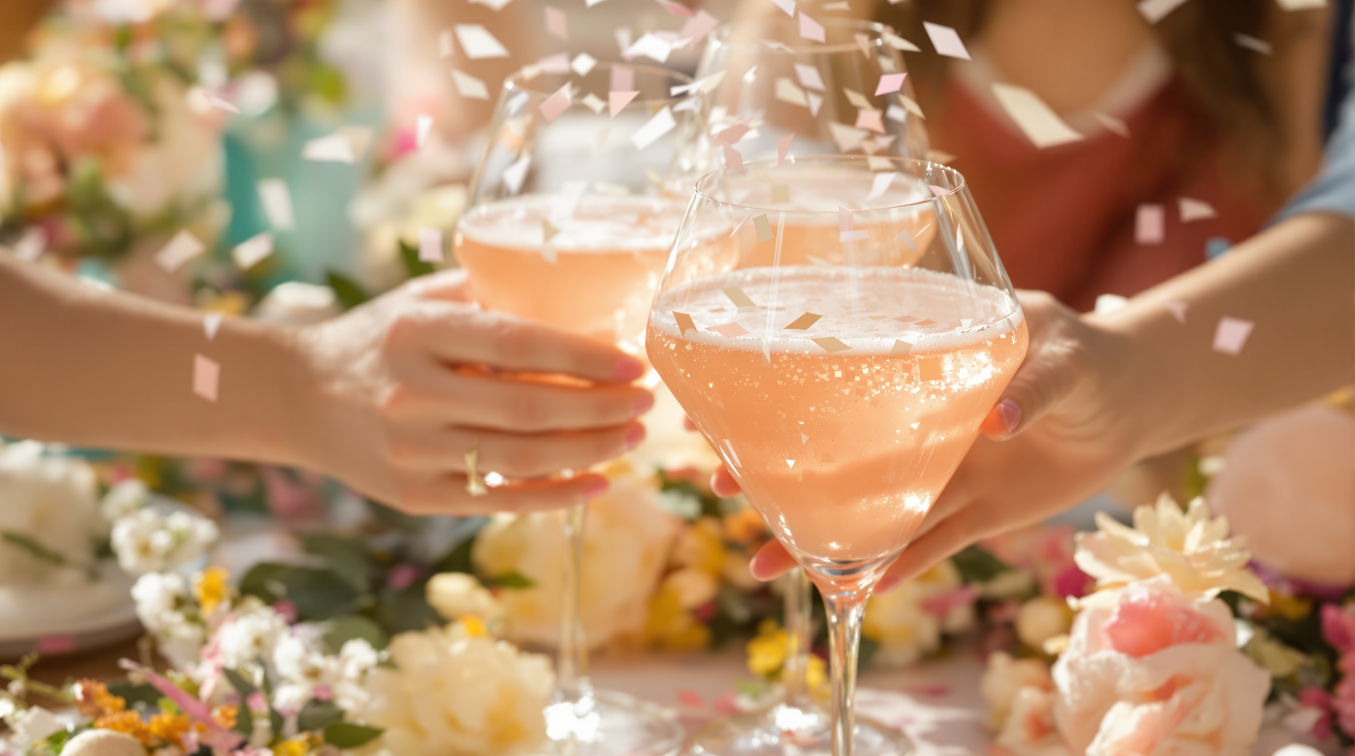 Close-up of clinking pastel cocktail glasses over a table with flowers and confetti in warm afternoon light