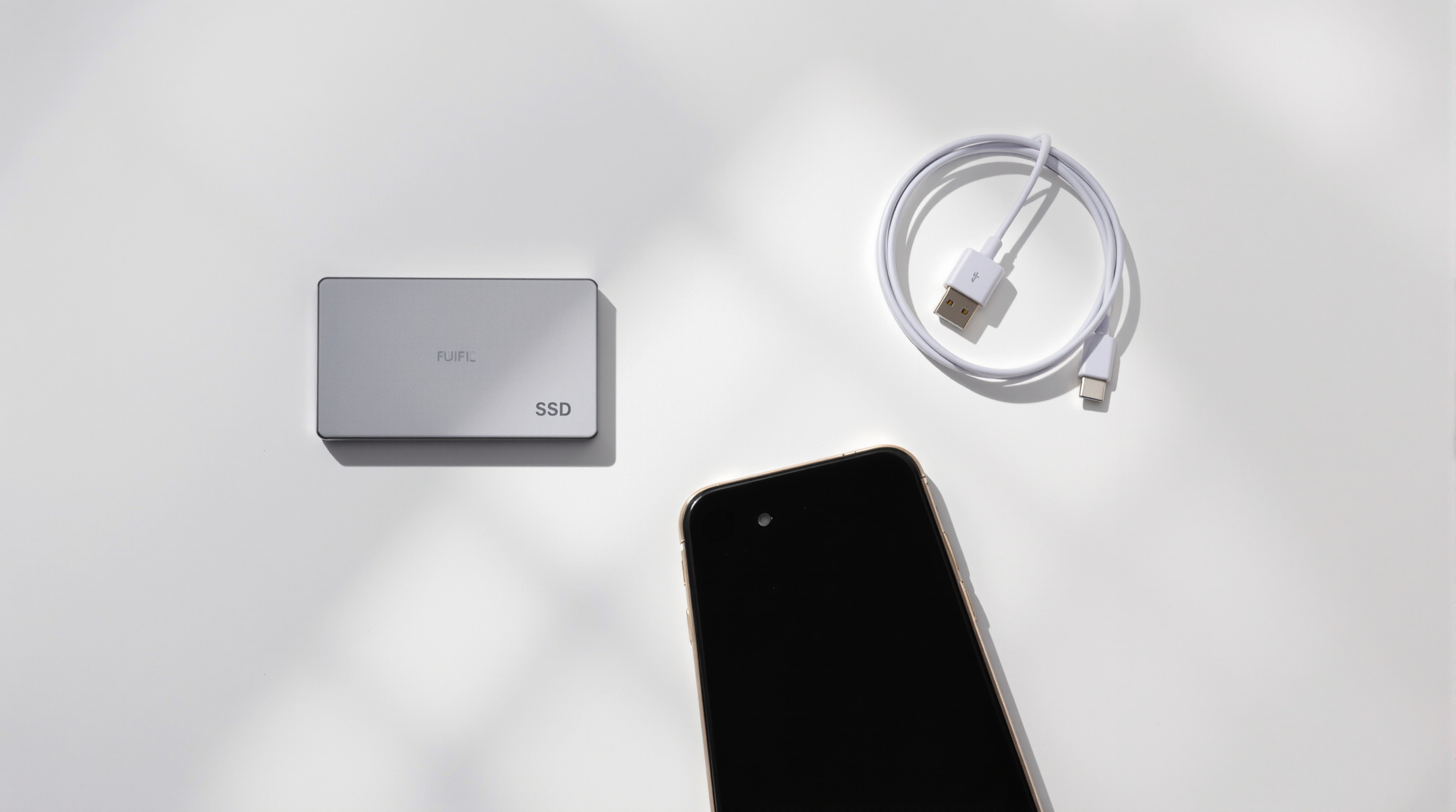 Flat lay of a USB cable, a small external SSD, and a smartphone on a clean white surface with soft directional light