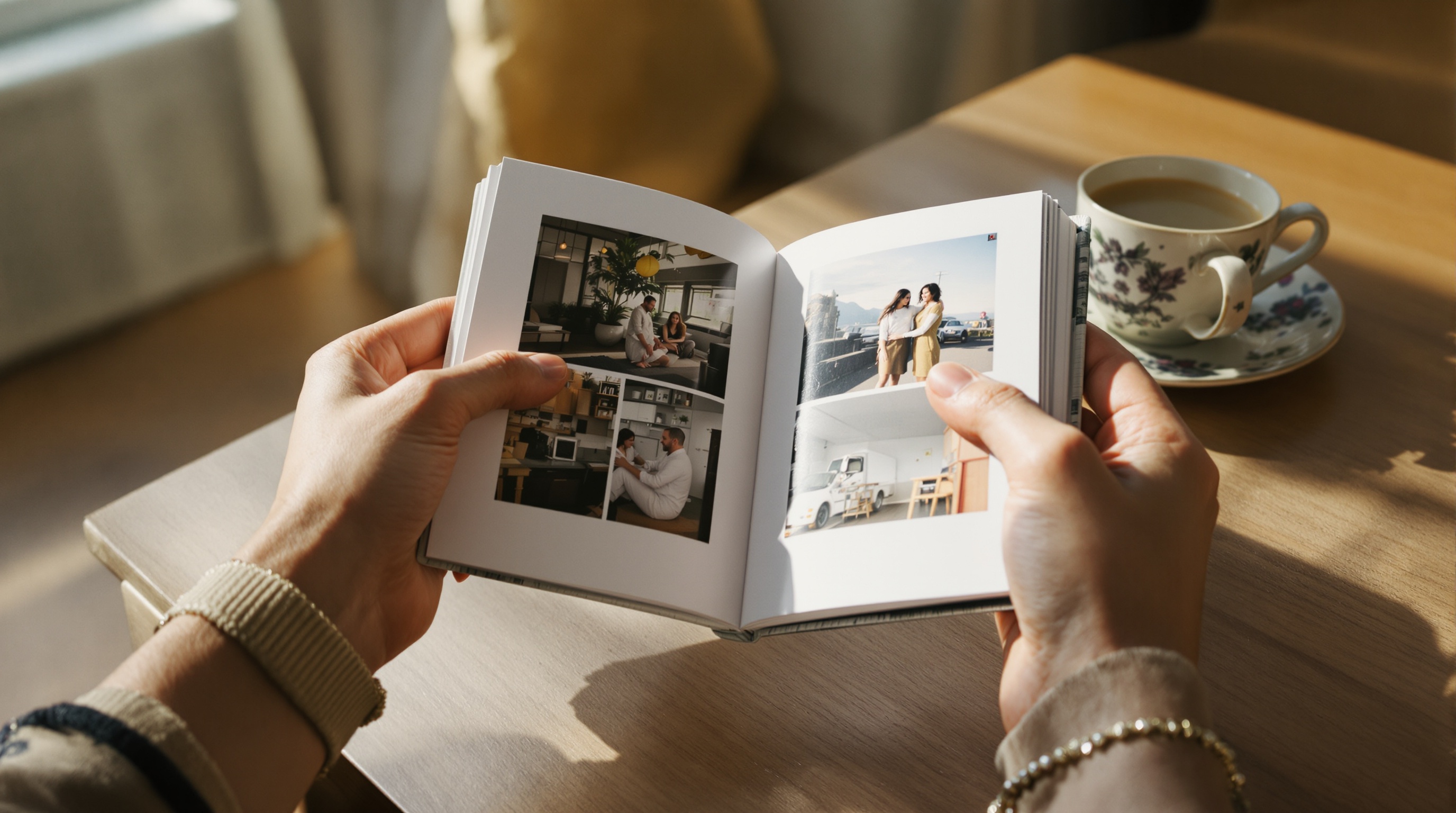 Hands holding a small photo album open over a coffee table in warm morning window light