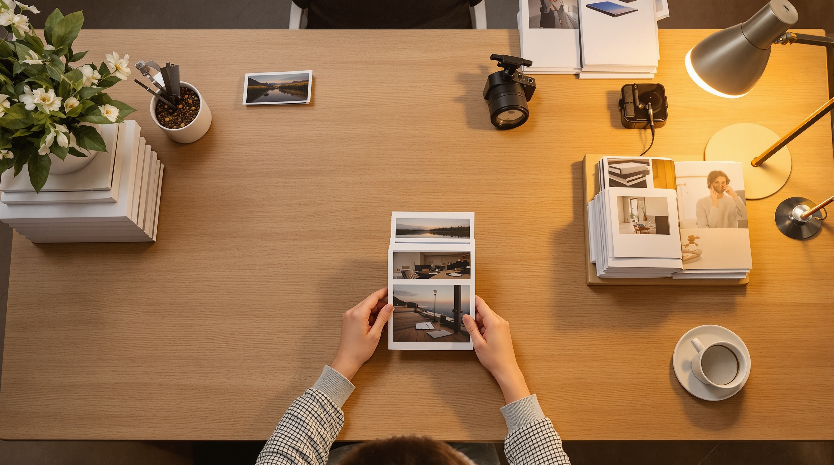 A person sitting at a minimalist wooden desk organizing printed photographs into neat stacks under warm desk lamp light